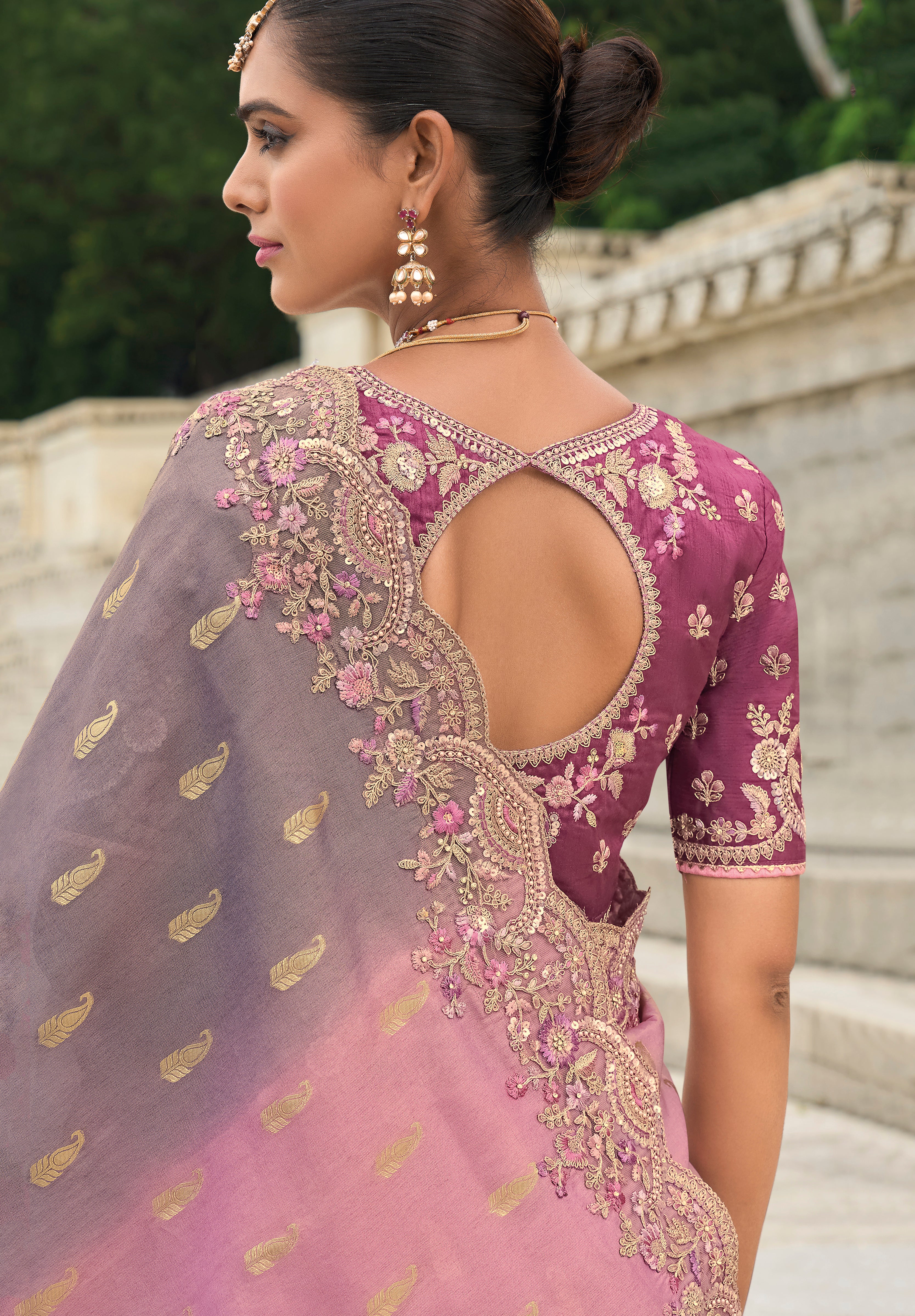 Pink & Grey Silk Saree With  Embroidery Work