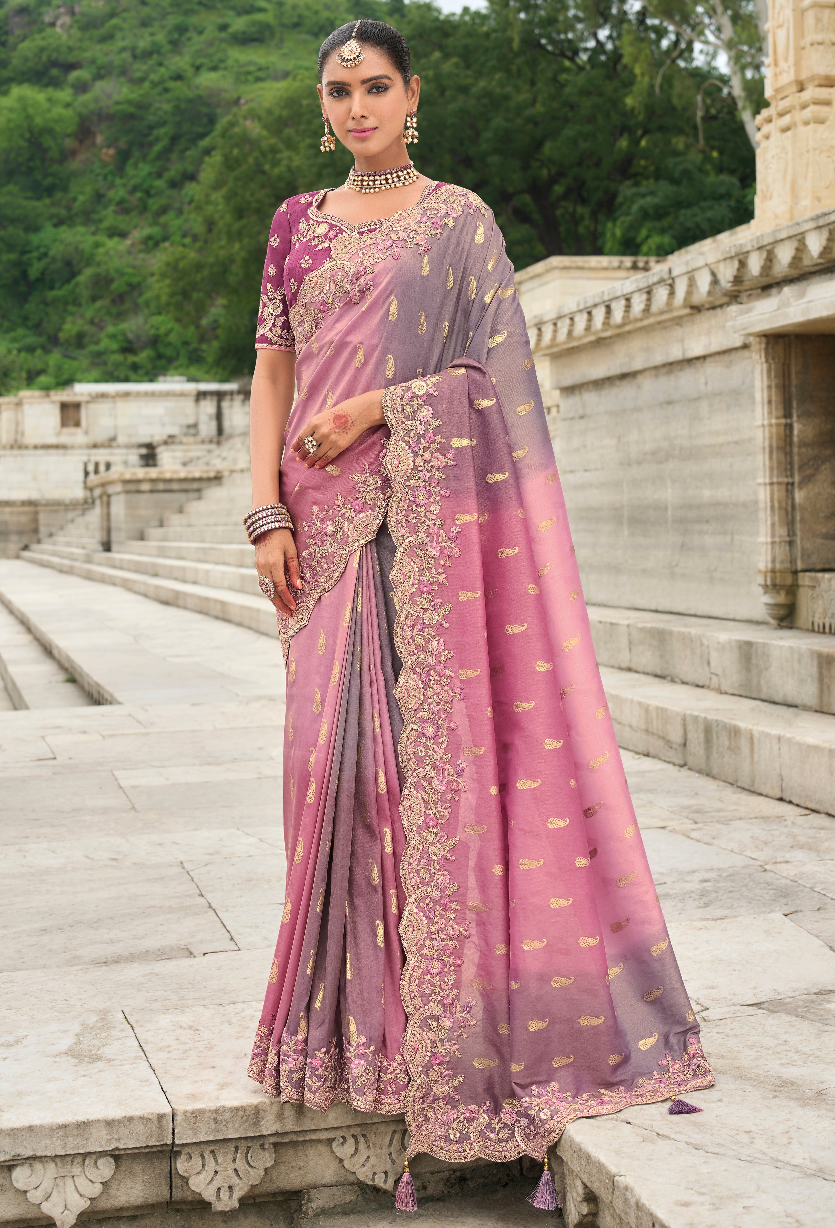 Pink & Grey Silk Saree With  Embroidery Work