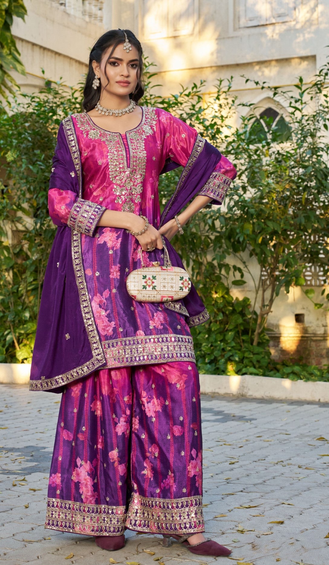 Pink & Purple Chinon Designer Suit Set With Embroidered Elegance