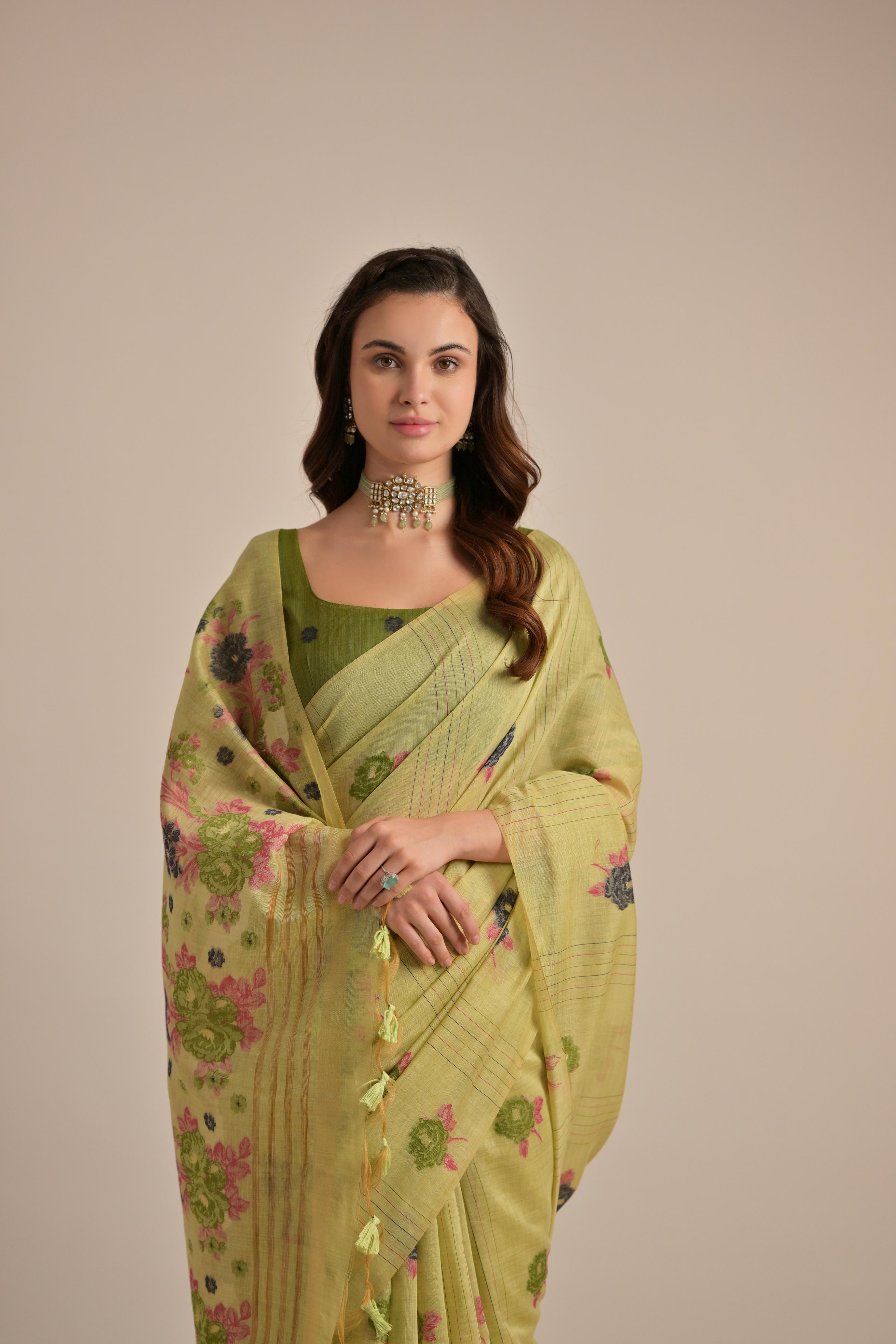 Pista Beautiful Girly Looks Multy Floral Weaving Designer Muga Cotton Saree