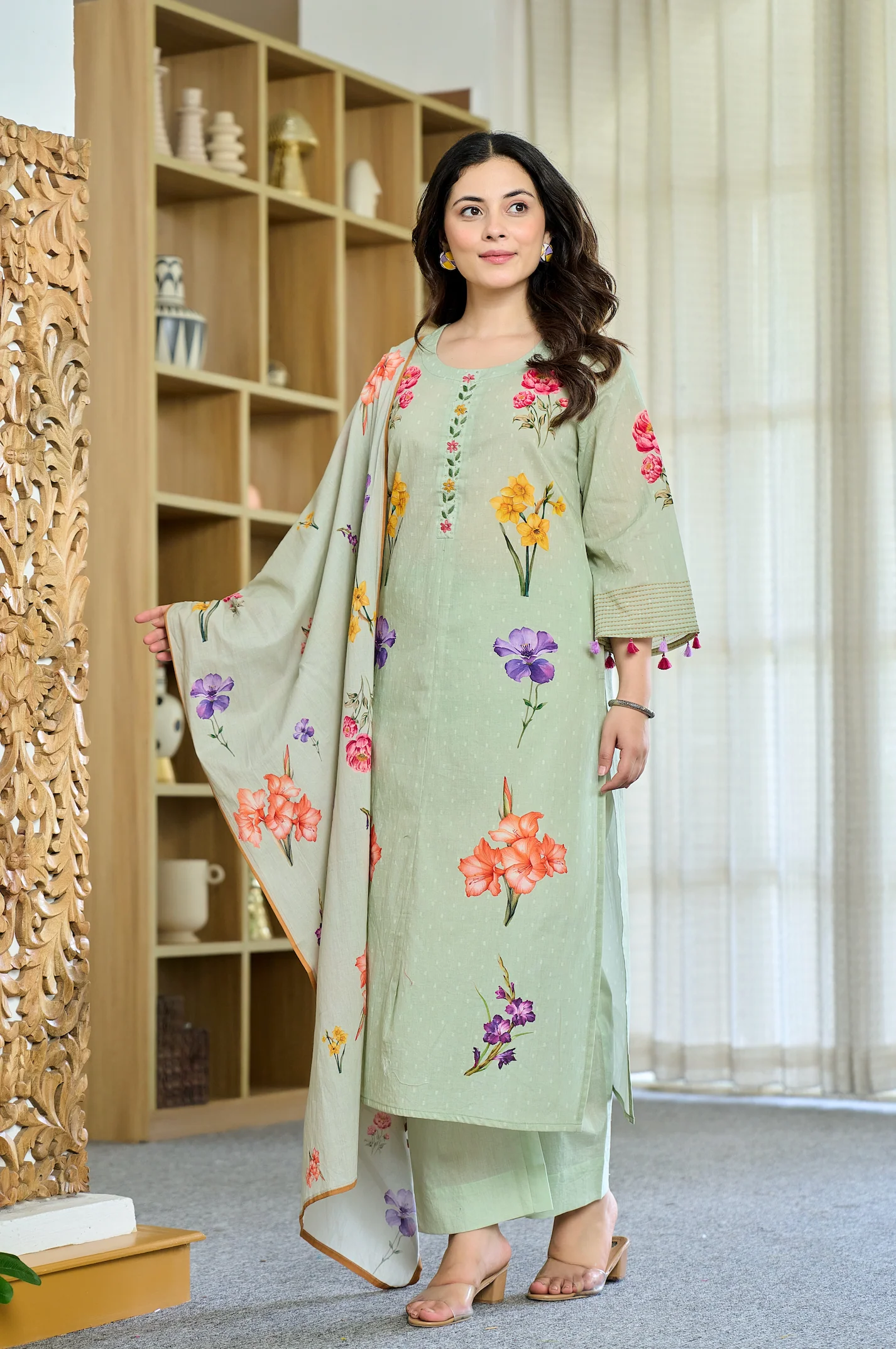 Pista Chanderi Butti Kurta Pant Set  Printed