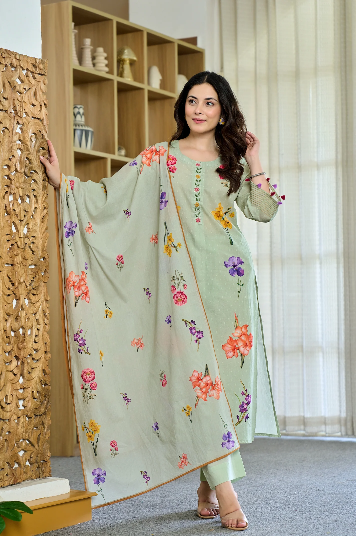 Pista Chanderi Butti Kurta Pant Set  Printed