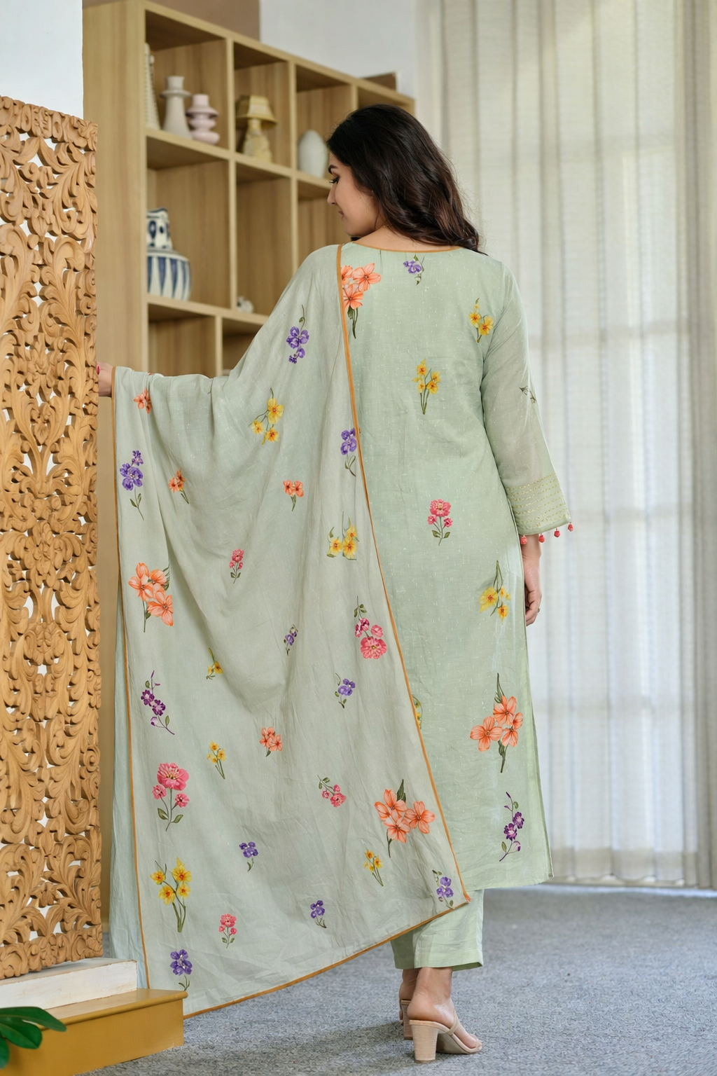 Pista Chanderi Butti Kurta Pant Set  Printed