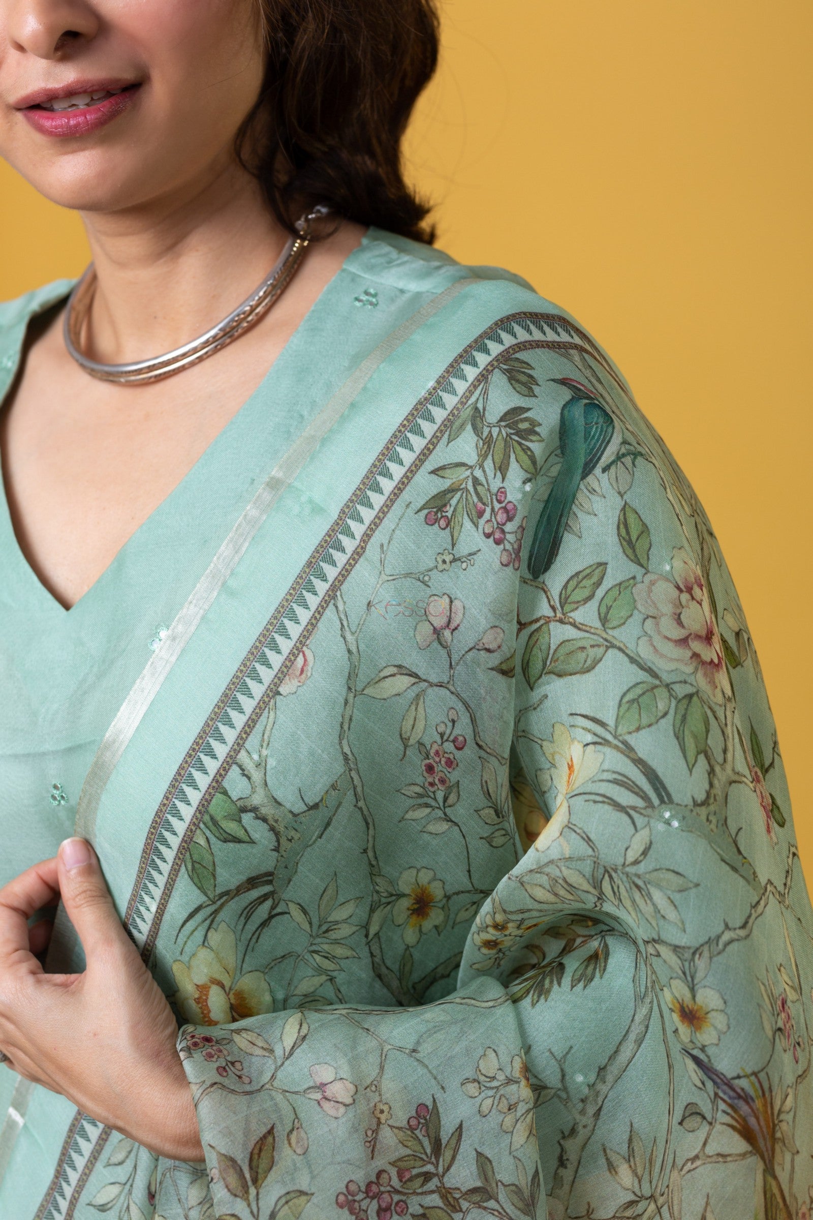 Pista Chanderi Viscose Elegant Kurta Pant Set With Embroidery Work