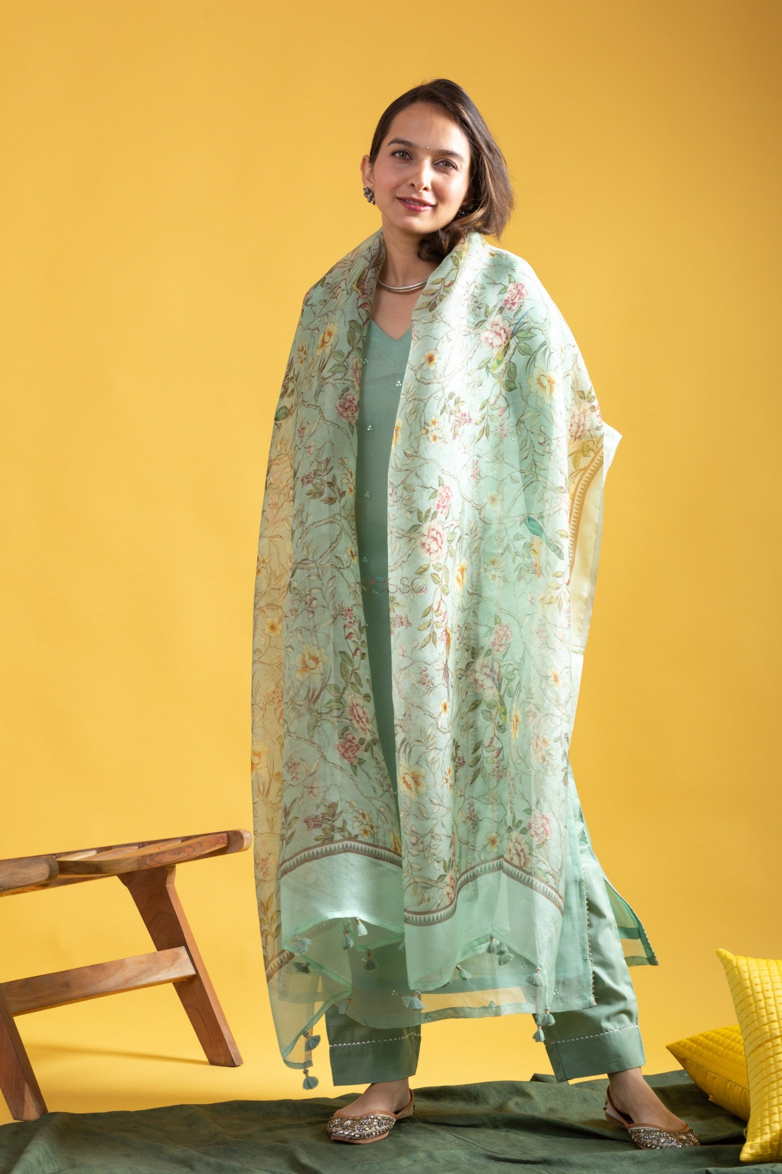 Pista Chanderi Viscose Elegant Kurta Pant Set With Embroidery Work