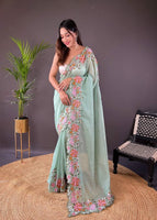 Pista Colour Soft Glossy Silk Heavy Embroidery Work Saree