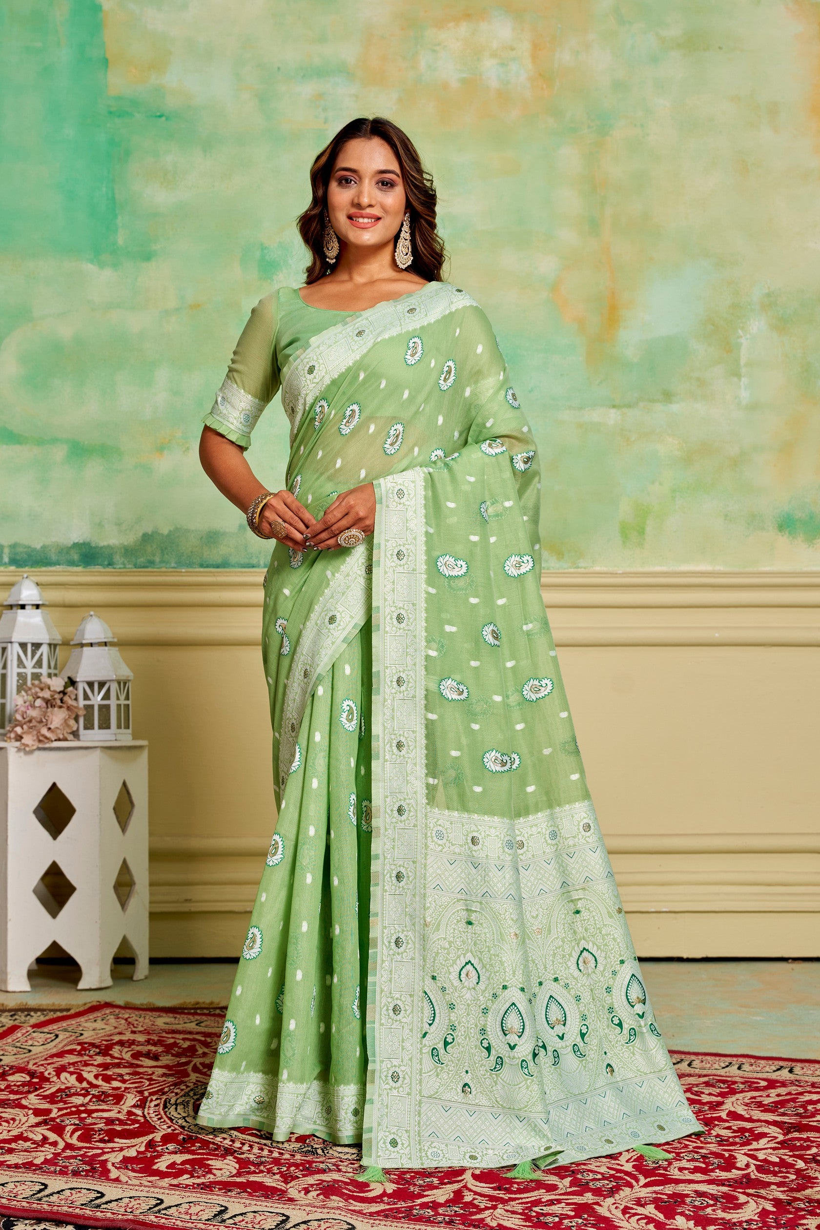 Pista Cotton Fabric Woven Designer Ethnic Festive Wear Saree