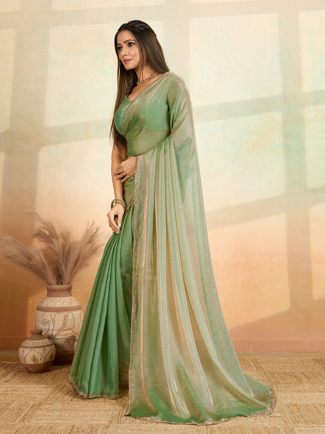 Pista Designer Beads Embroidery Work Fendy Satin Bollywood Style Saree