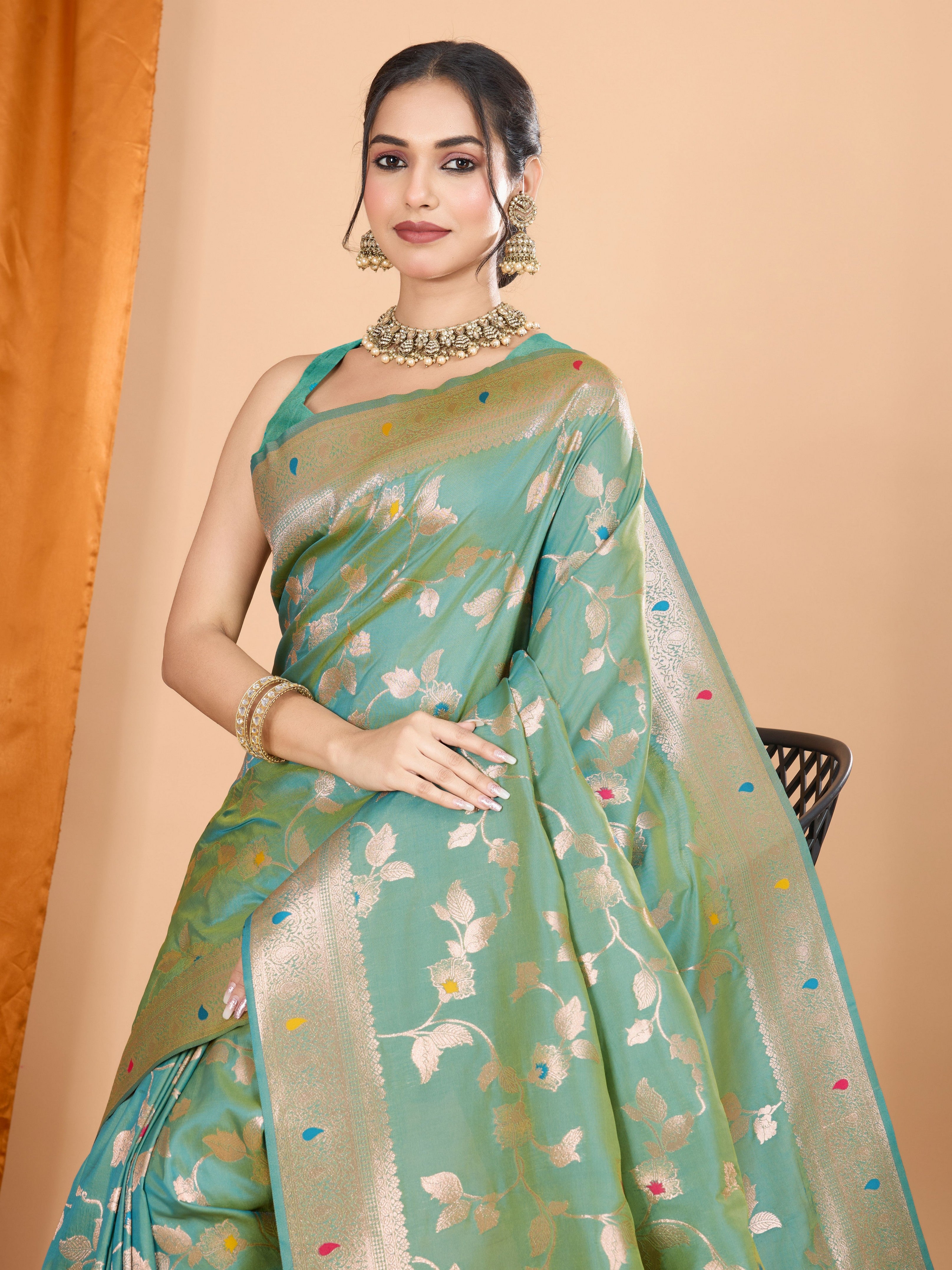 Pista Ethnic Banarasi Silk Saree With Woven Jari Designer Work