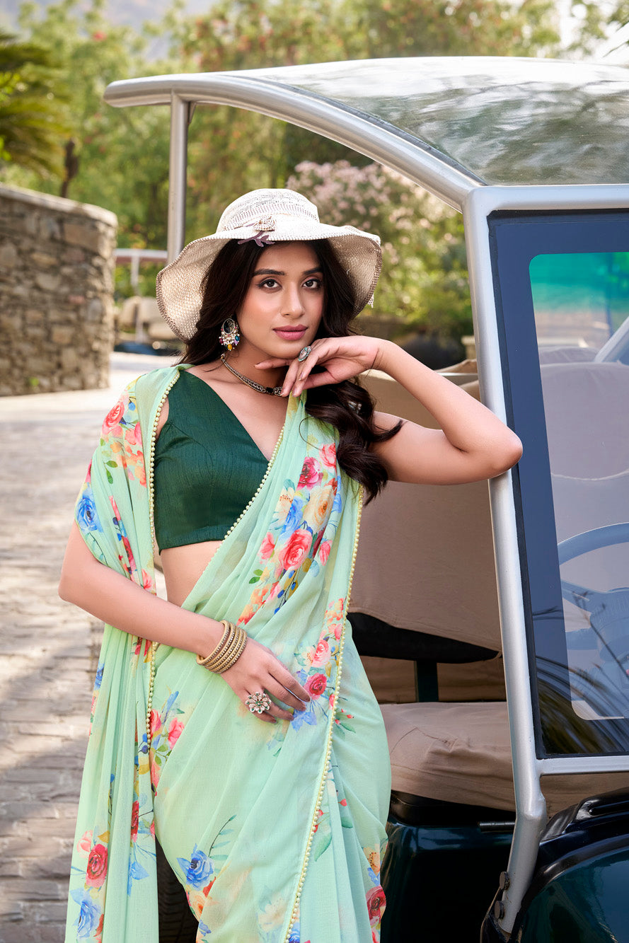 Pista Floral Marble Saree with Lace Border