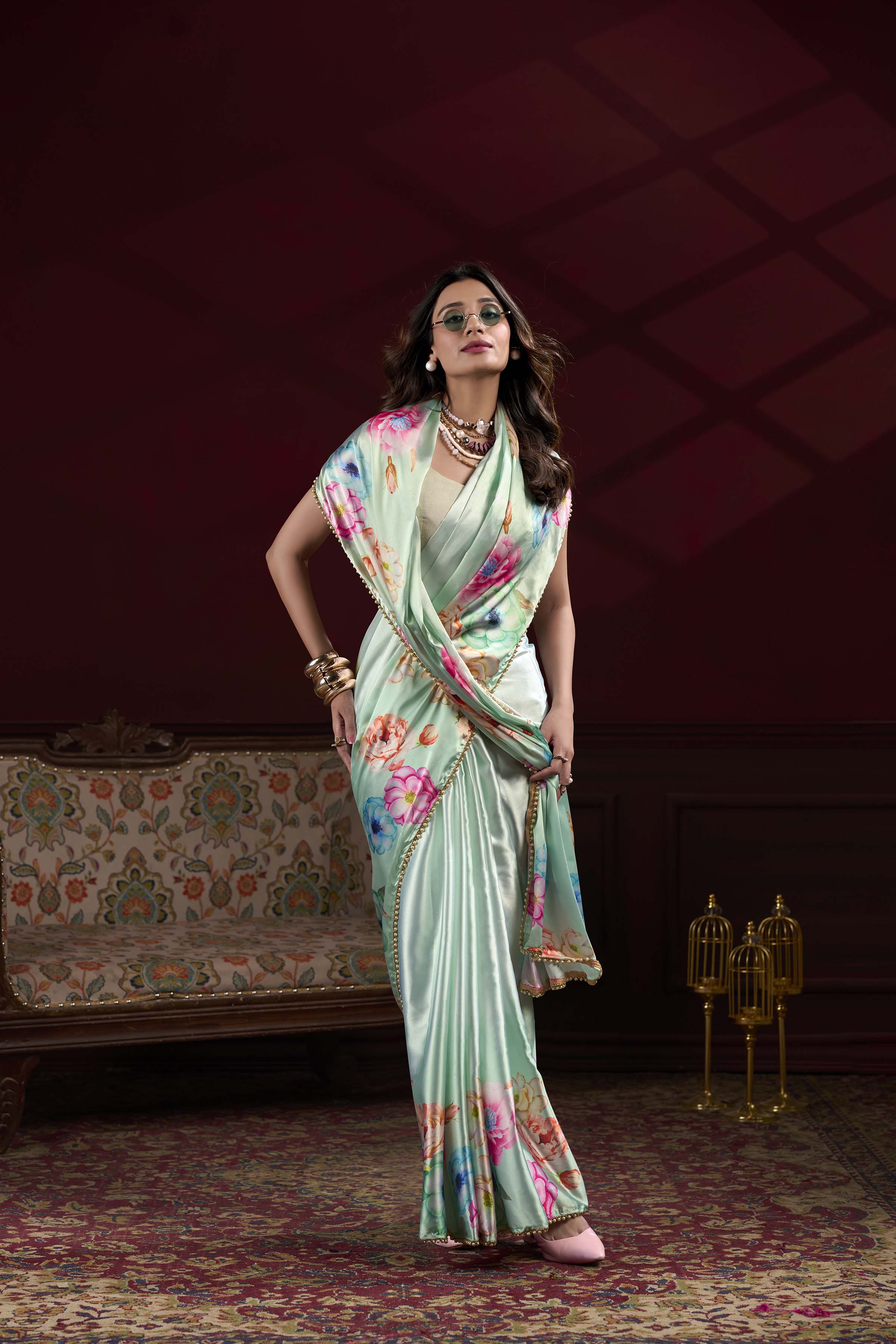 Pista Floral Printed Satin Silk Saree with Pearl Lace Border