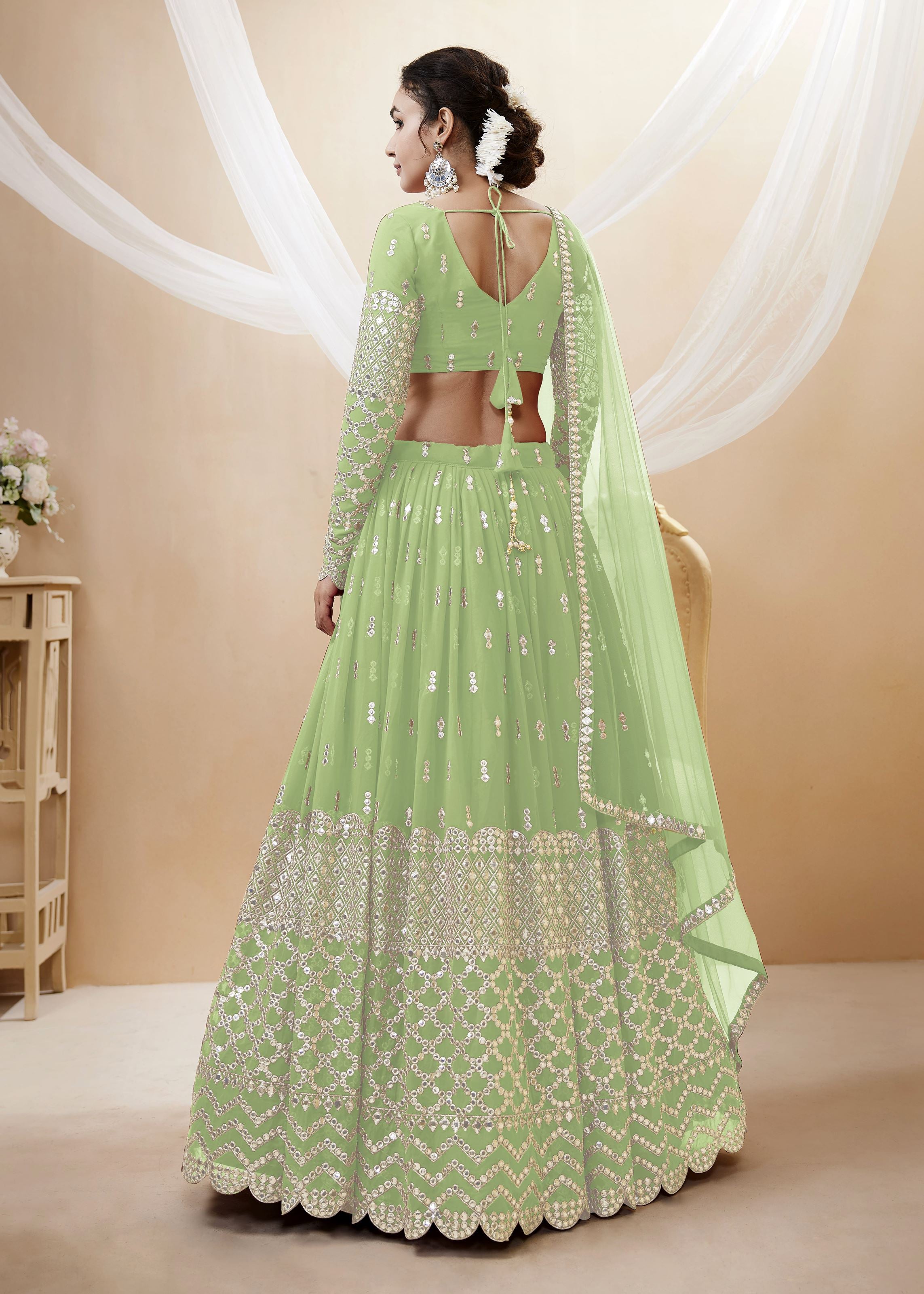 Pista Georgette Lehenga Choli With Sequins Zari Embroidered Work