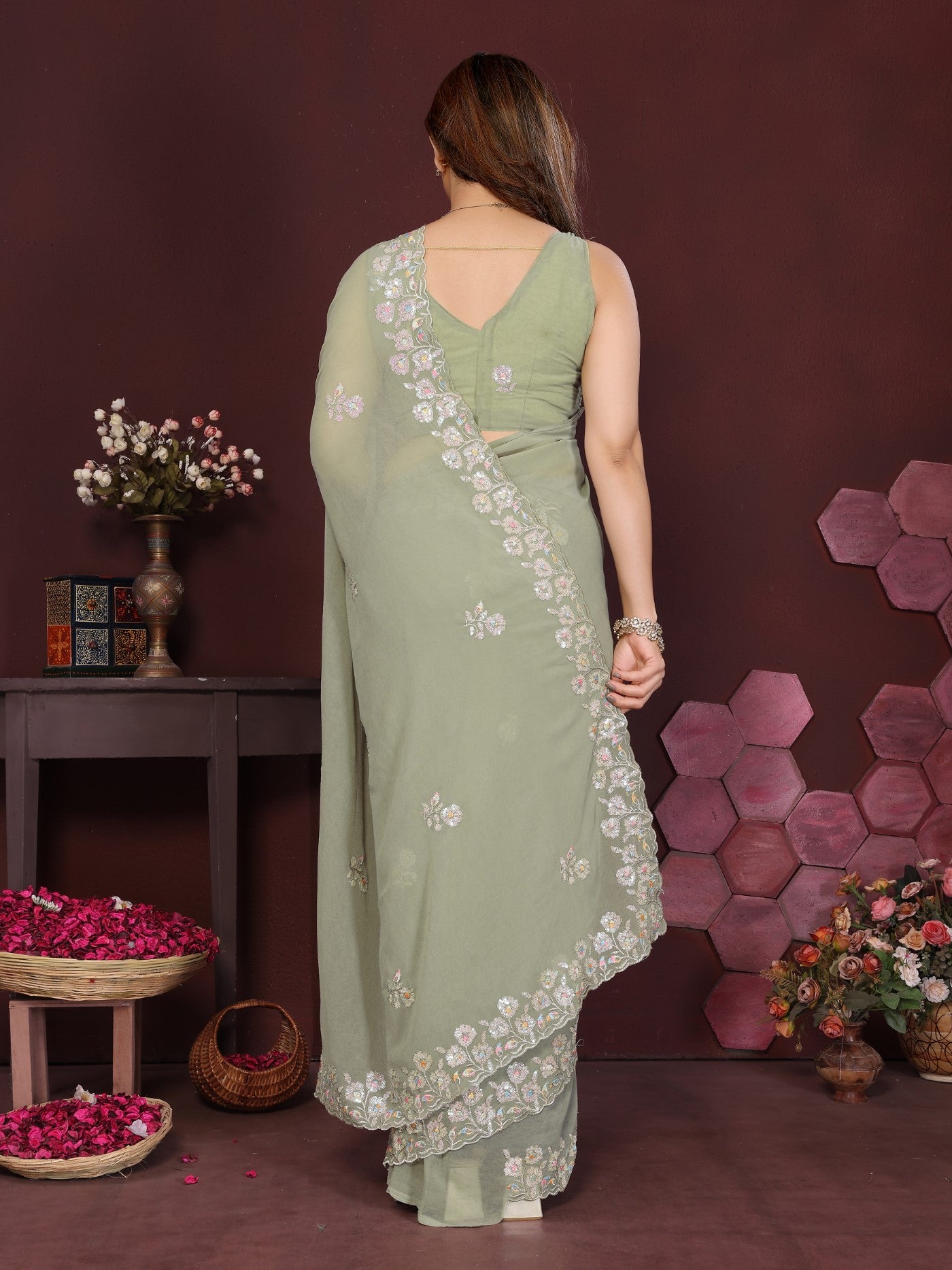 Pista Georgette Saree With Embroidery Work And Designer Blouse