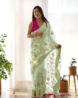 Pista Girlie Organza Saree With Beautiful Resham Embroidery Work