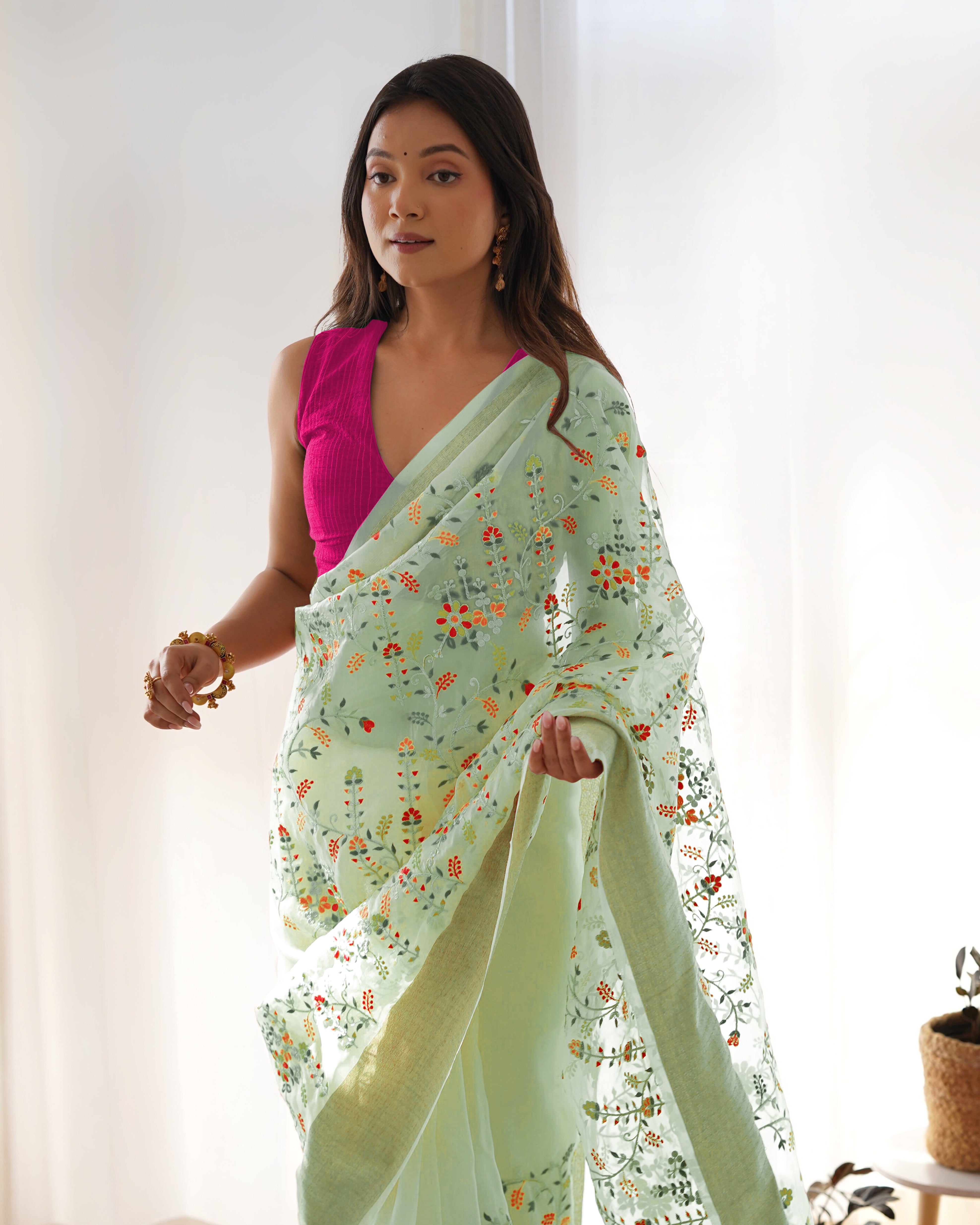 Pista Girlie Organza Saree With Beautiful Resham Embroidery Work