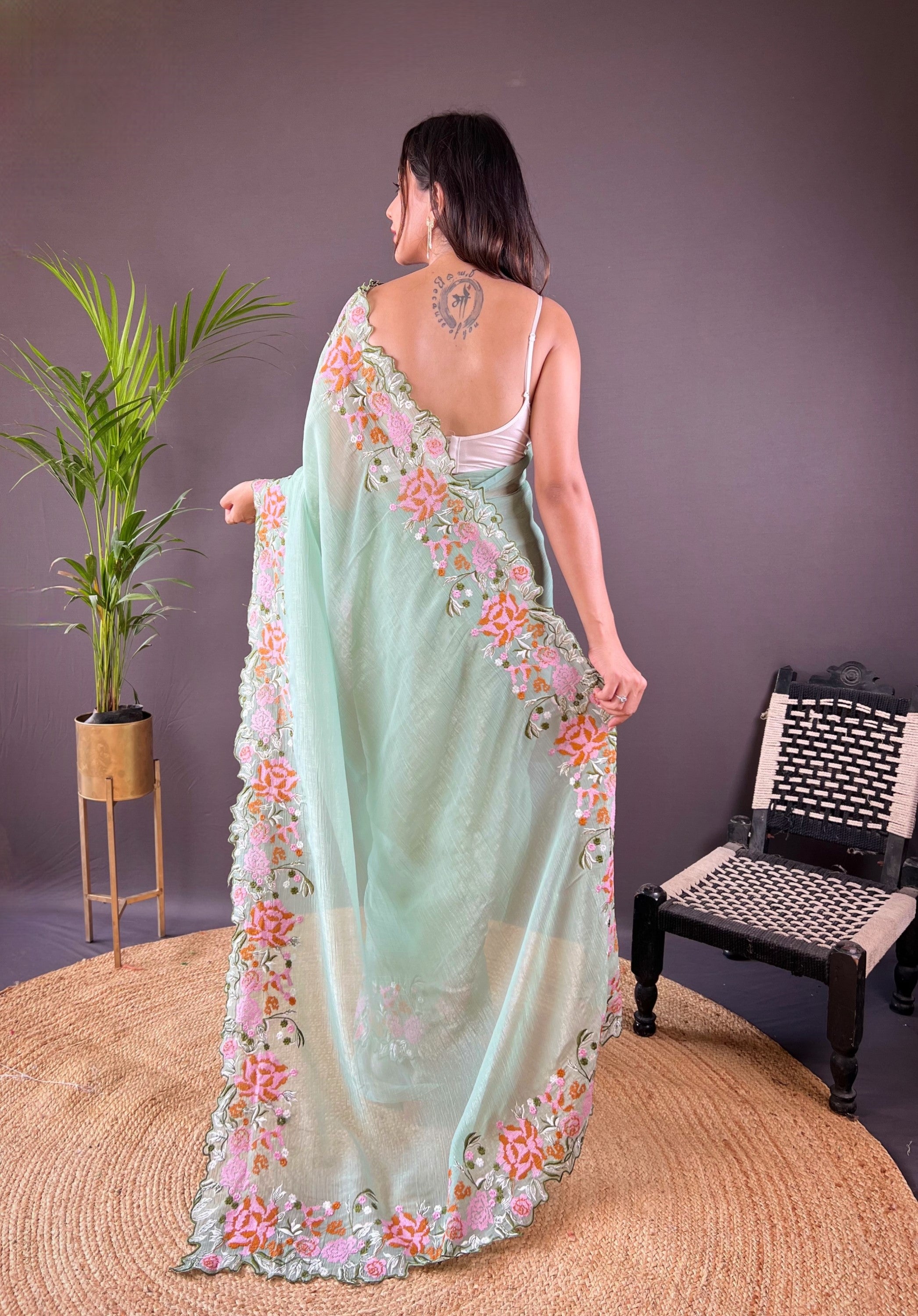 Pista Glossy Silk Cross Stich Embroidery Cut Work Adorable Partywear Girlie Saree