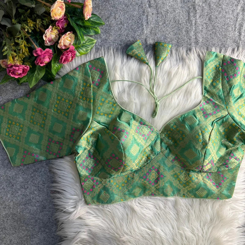 Pista Green Banarasi Jacquard Patola Designer Blouse  Silk Partywear Readymade Blouse