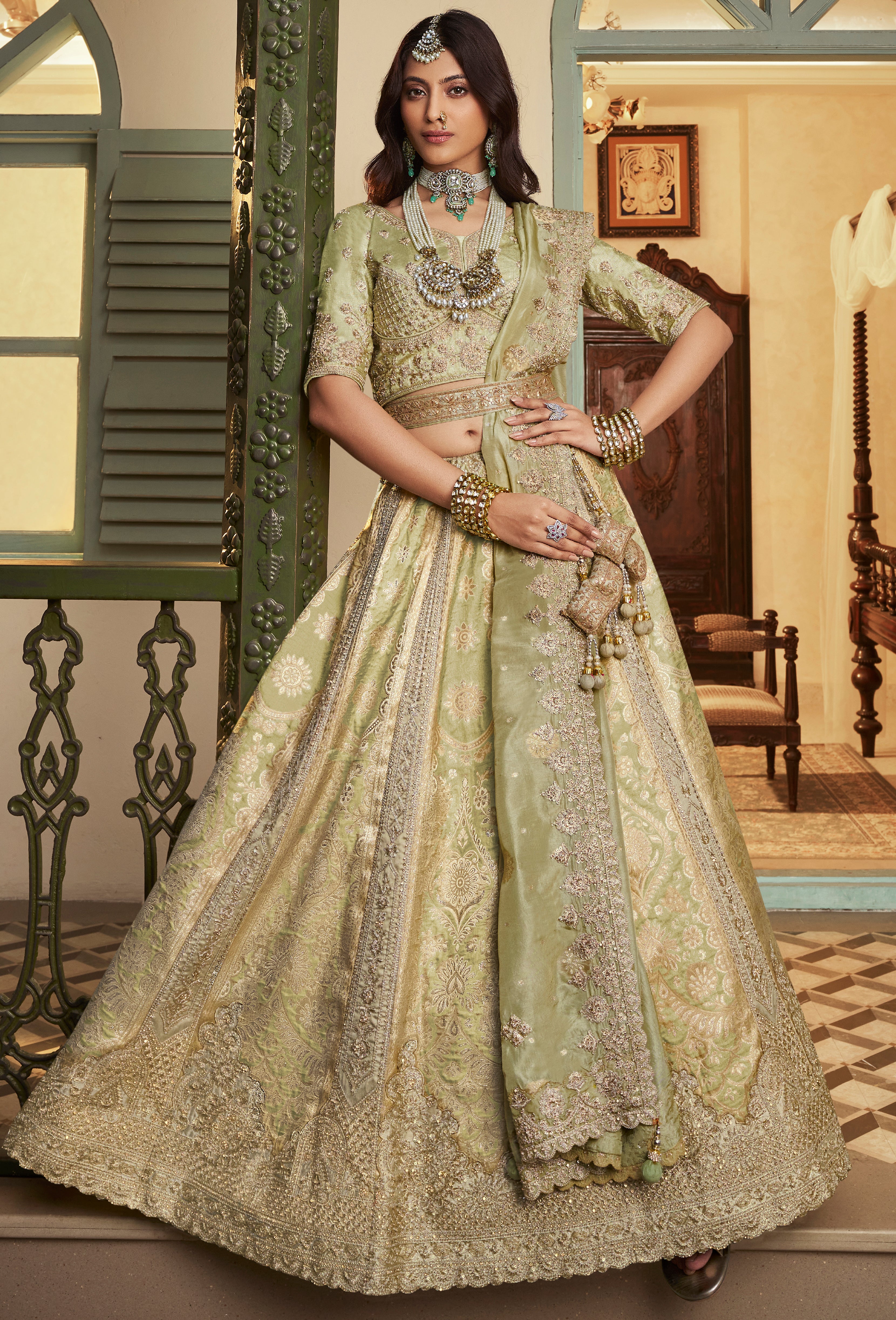 Pista Green Banarasi Premium Silk Lehenga Choli With Heavy Thread Embroidery, Sequence, Swarovski ,Stone With Zari, Khatli Weaving Work
