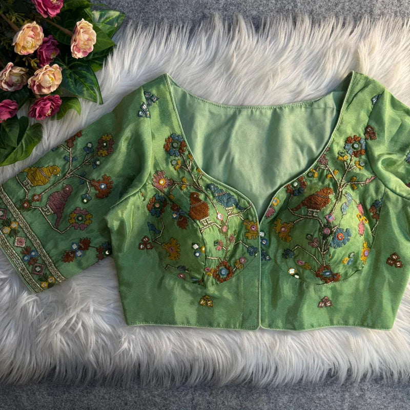 Pista Green Bird Motif Mirror Work Blouse  Cosmos Silk Designer Partywear