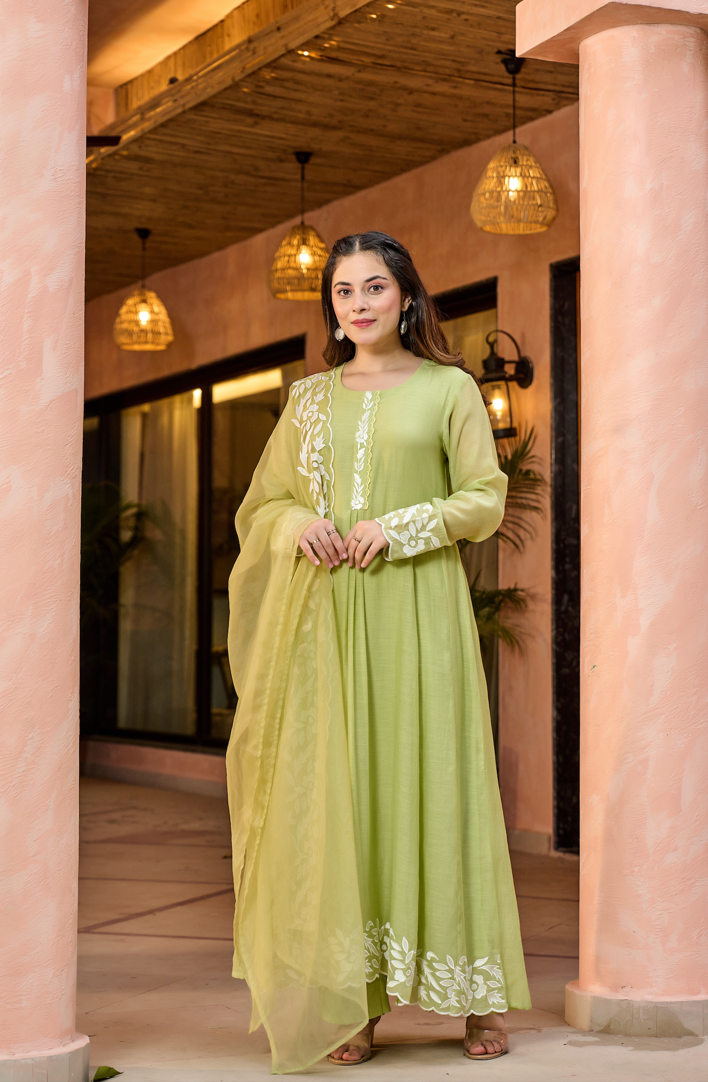 Pista Green Chanderi Silk Kurta Pant Set With Heavy Thread Embroidery Work