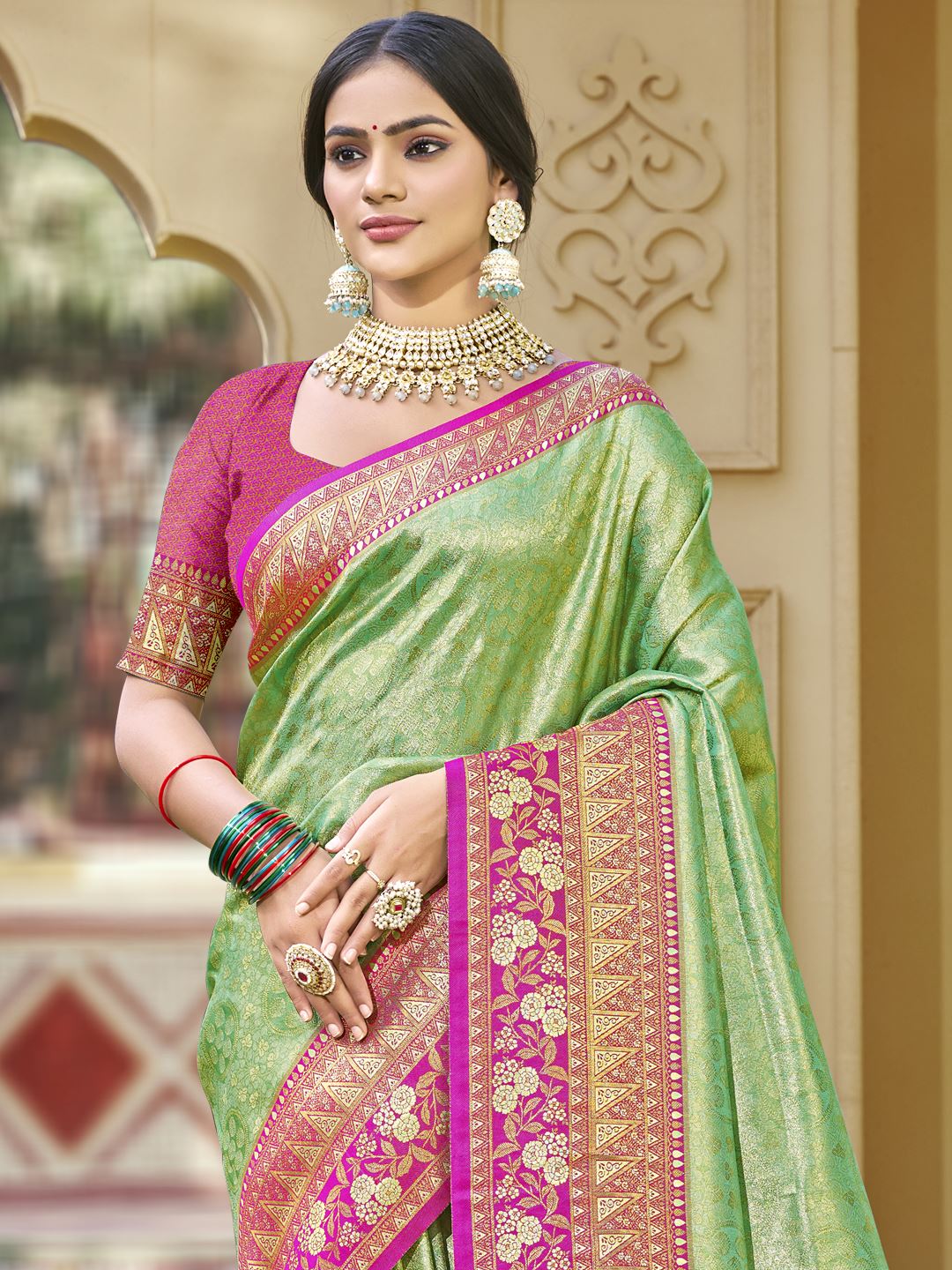 Pista Green Color Banarasi Silk Festive Wear Weaving Saree