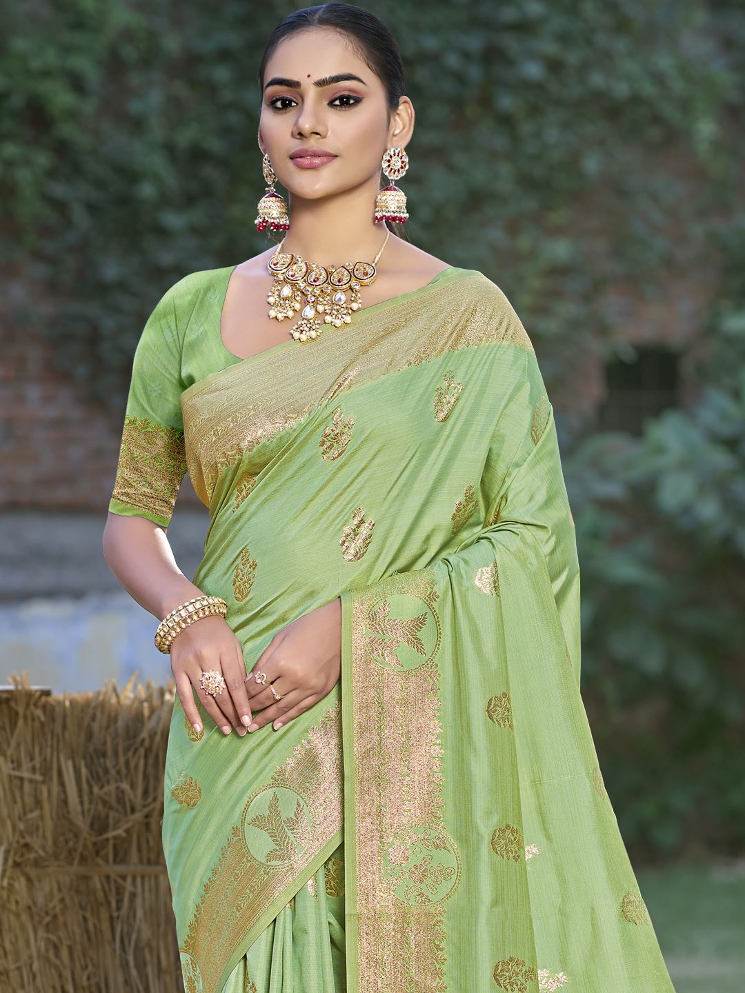Pista Green Color Banarasi Silk Traditional Wear Saree