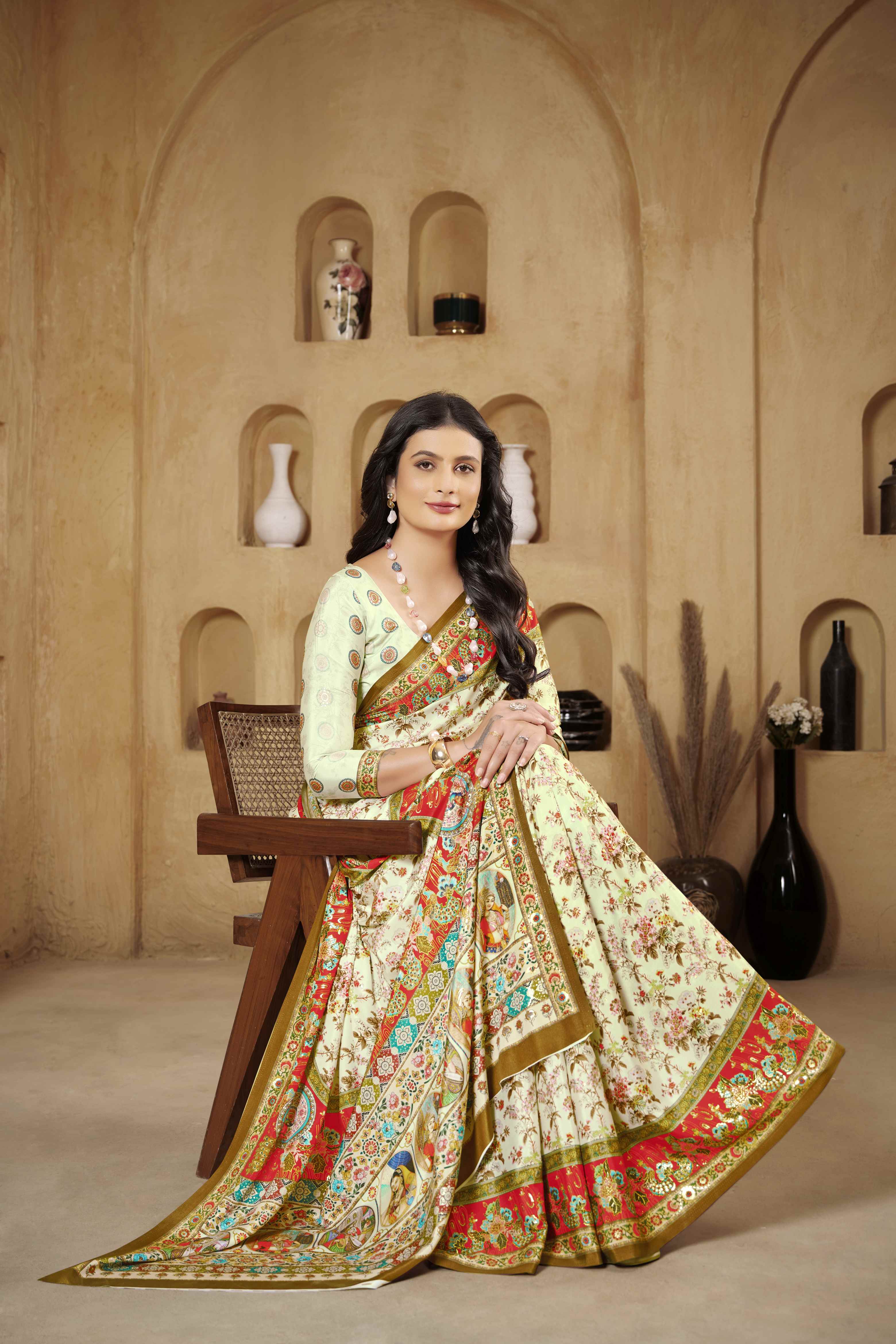 Pista Green Designer Position Digital Foil Printed Crepe Silk Ethnic Festive Saree
