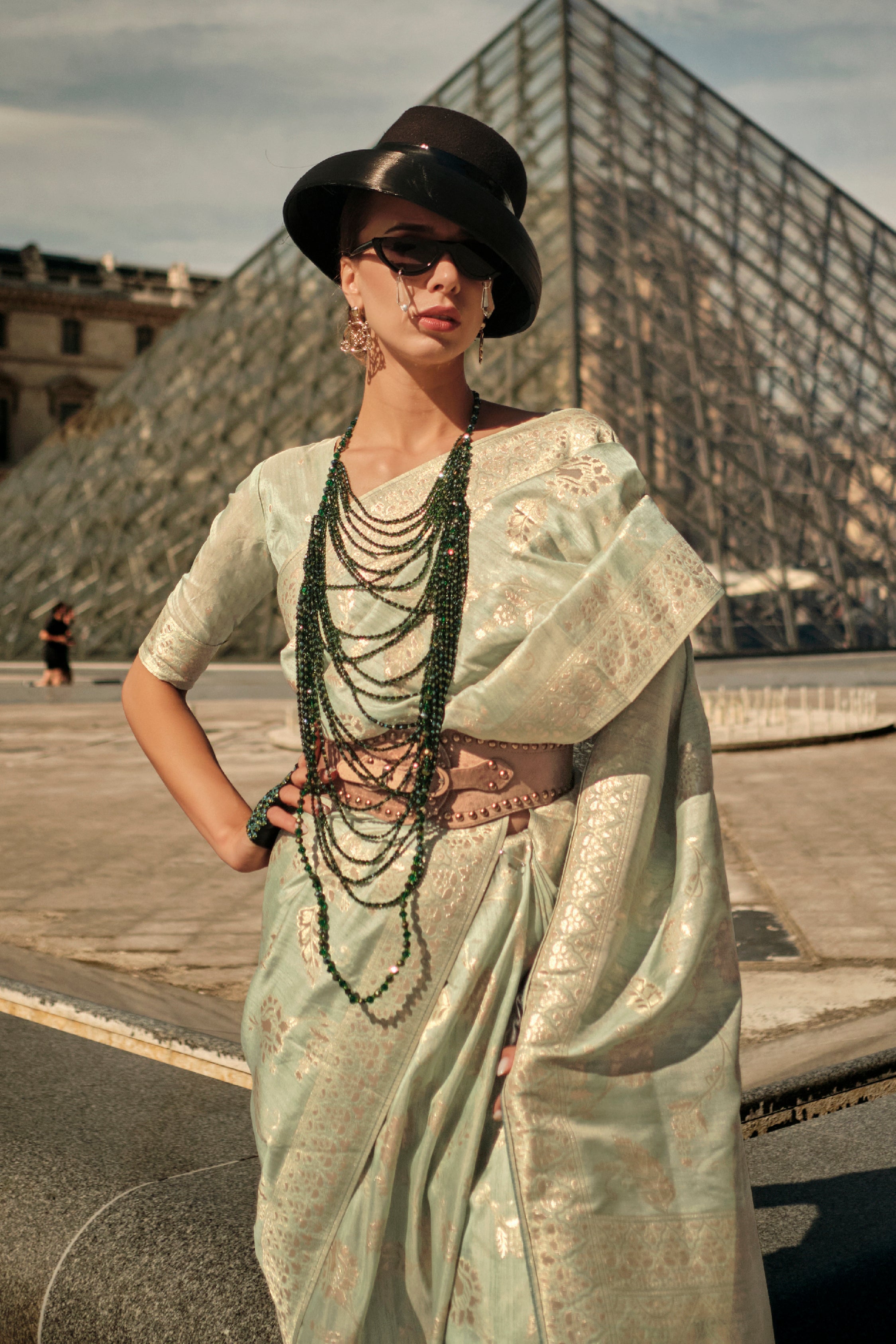 Pista Green Gota Zari Weaving Silk Saree With Woven Work