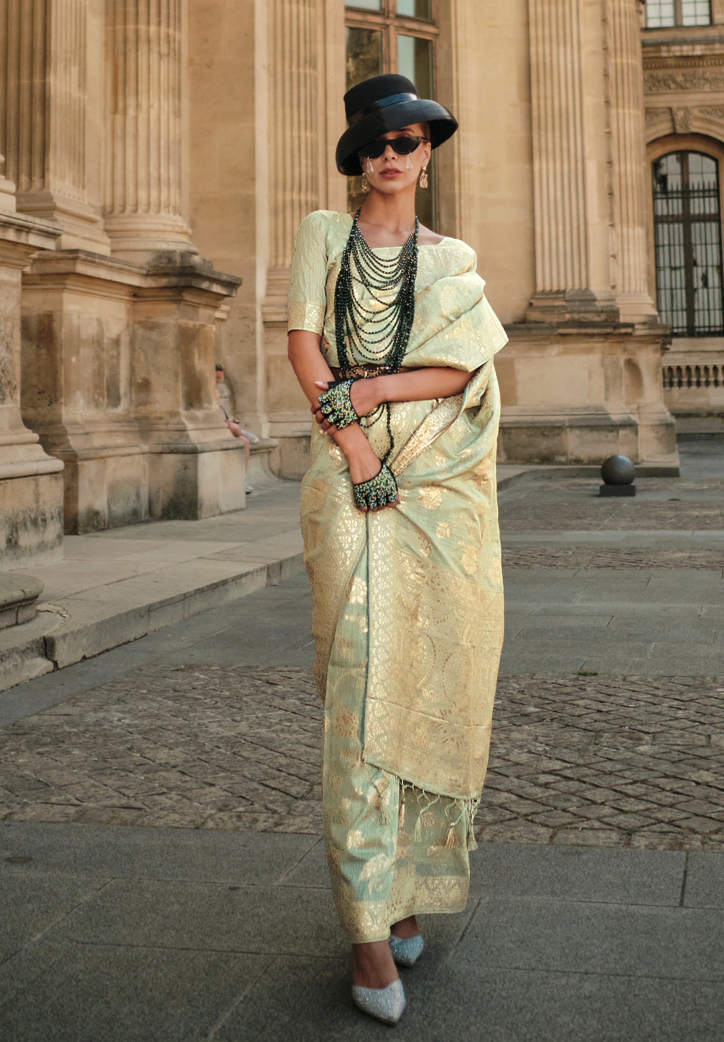 Pista Green Gota Zari Weaving Silk Saree With Woven Work