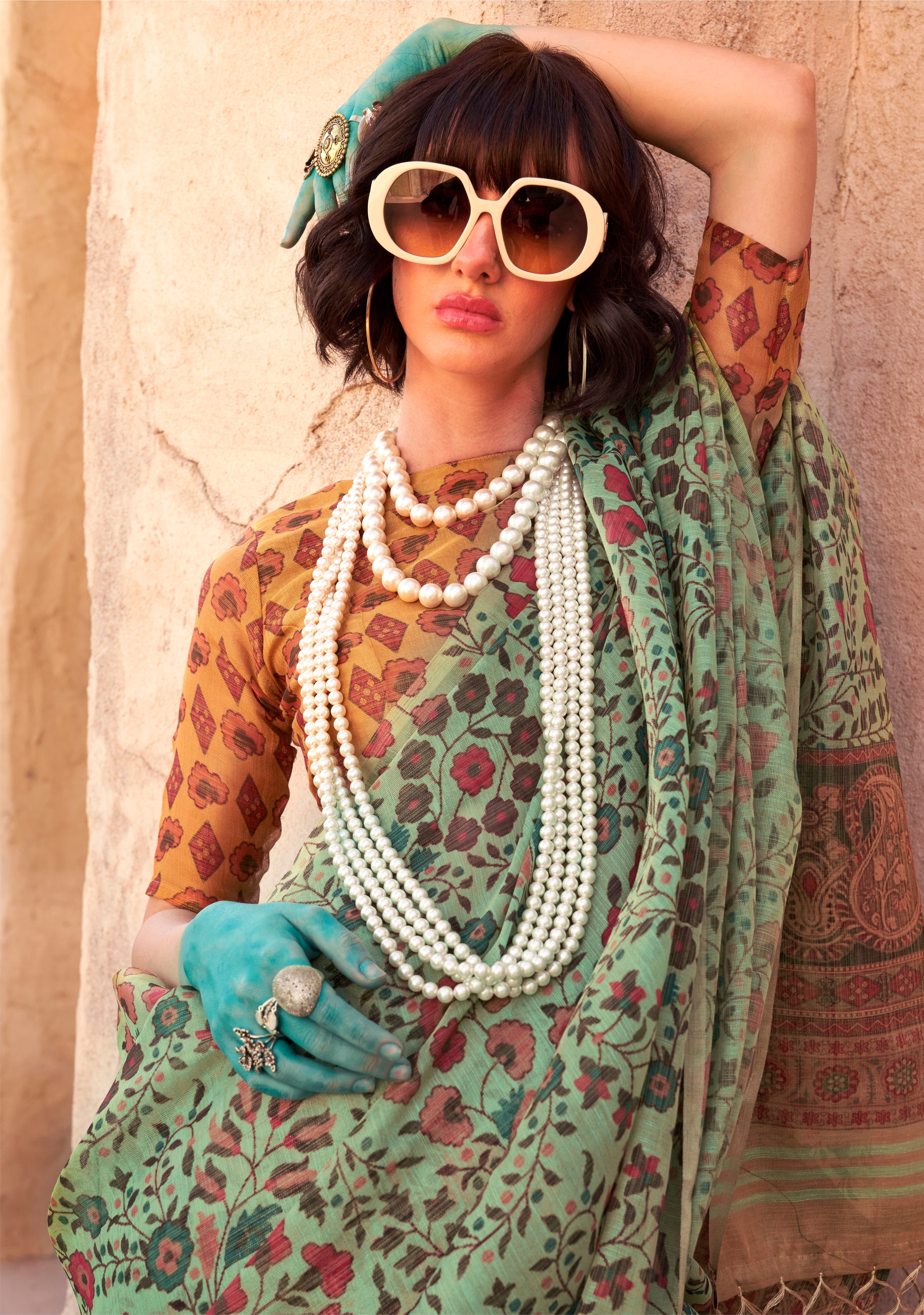 Pista Green Handloom Silk Saree With  Printed