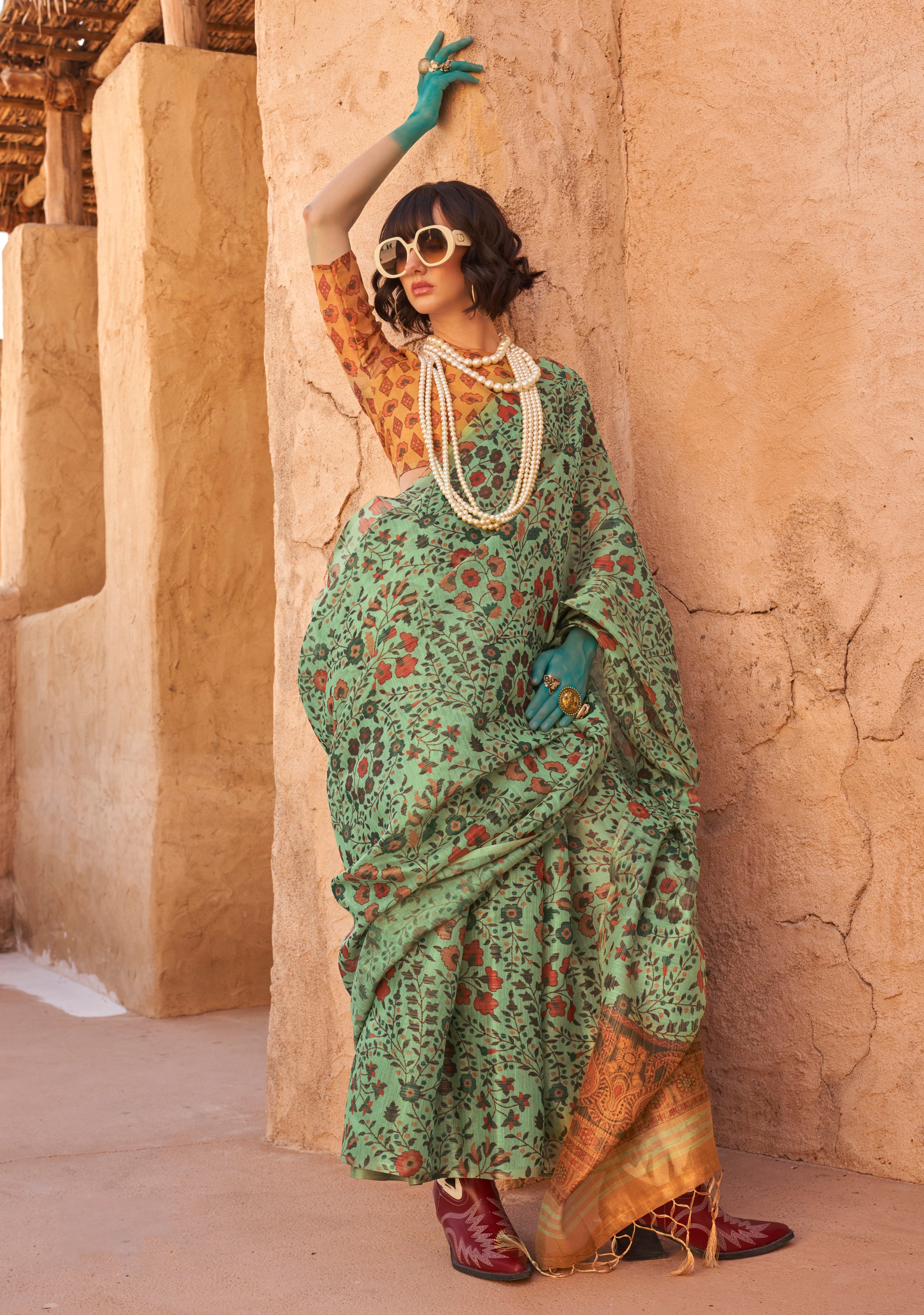 Pista Green Handloom Silk Saree With  Printed