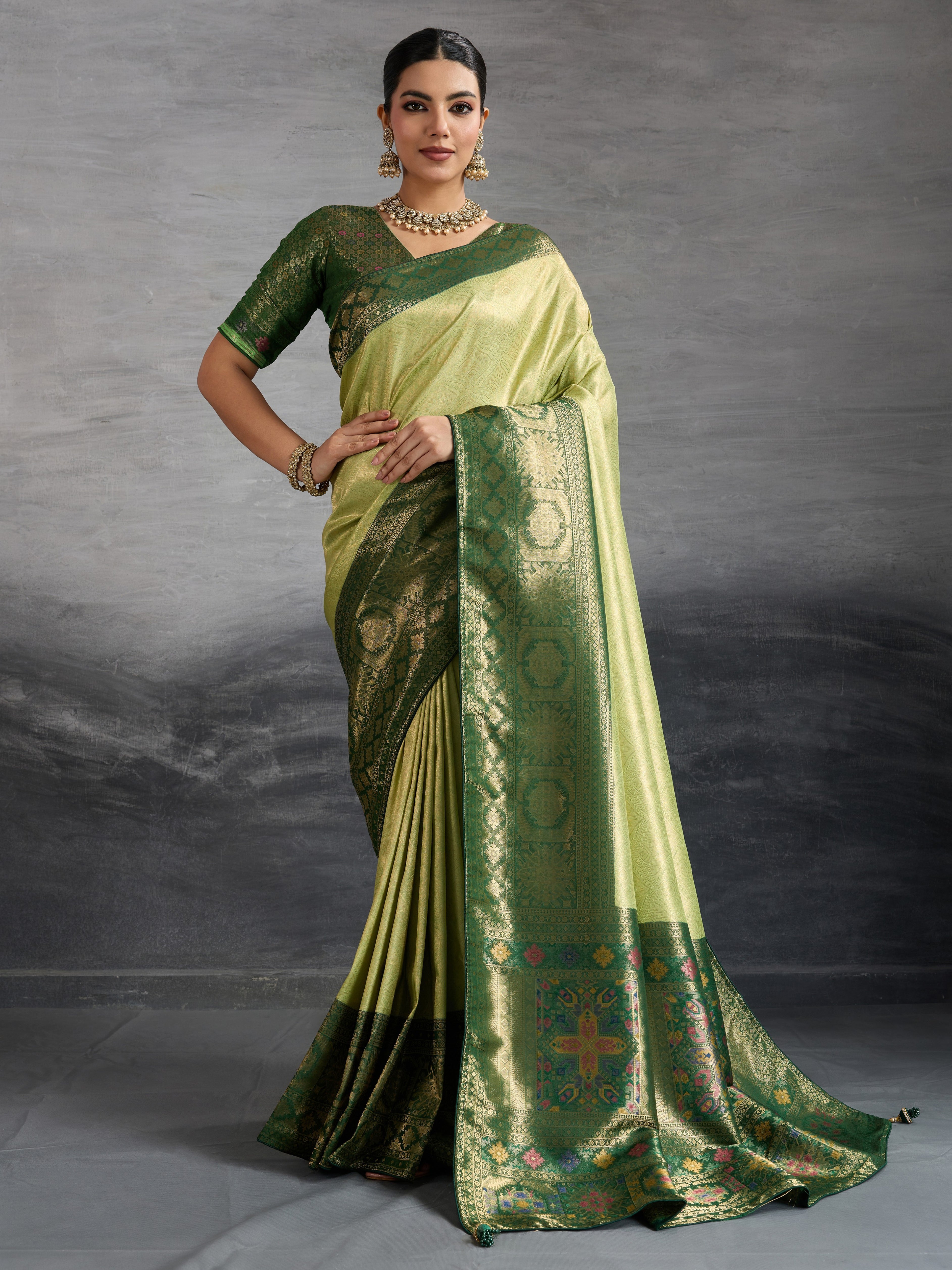 Pista Green Kanjivaram Soft Silk Saree with Zari Patta and Meenakari Pallu