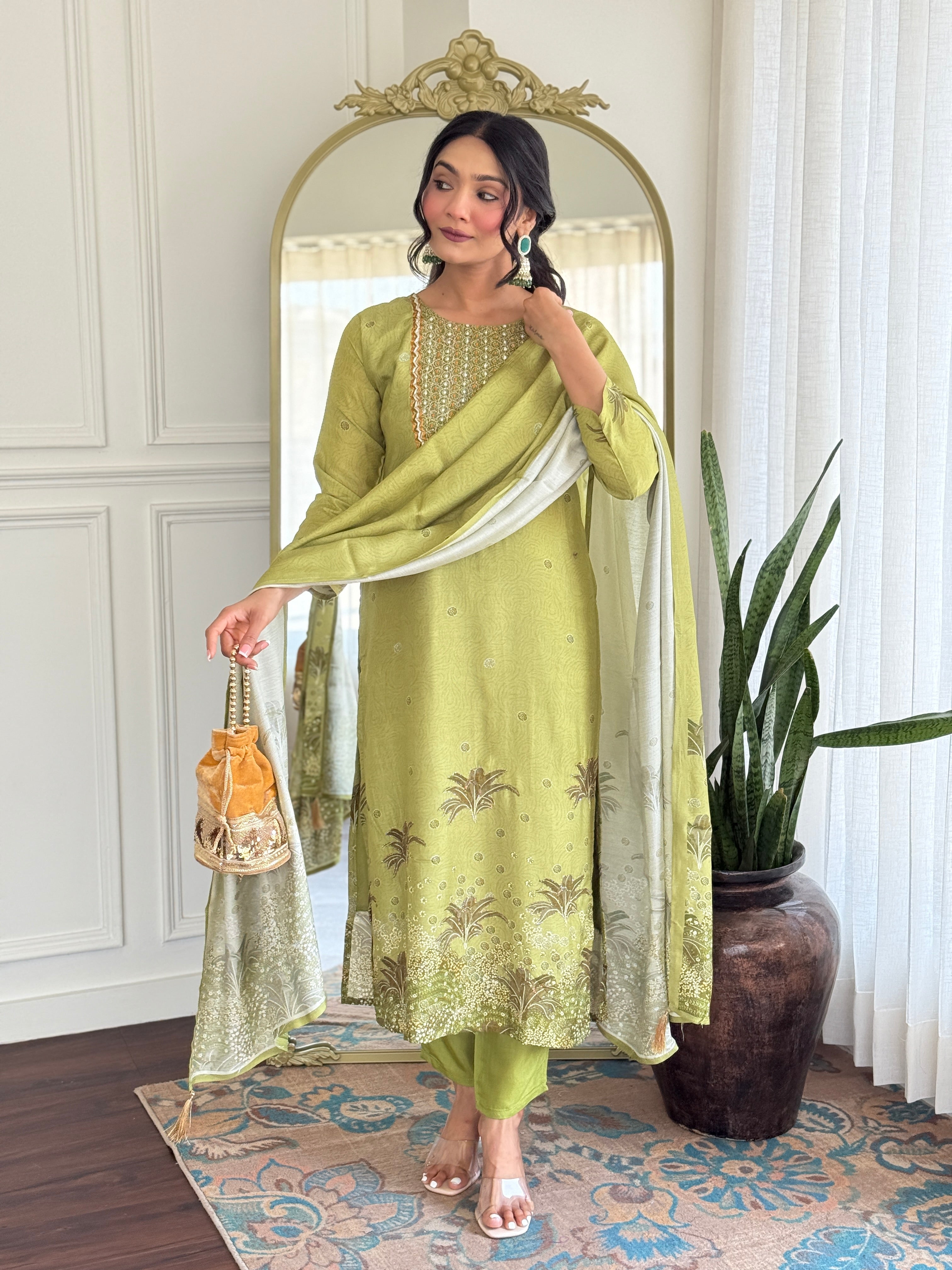 Pista Green Pure Muslin Kurta Pant Set With Heavy Thread Embroidery Work With Digital Print