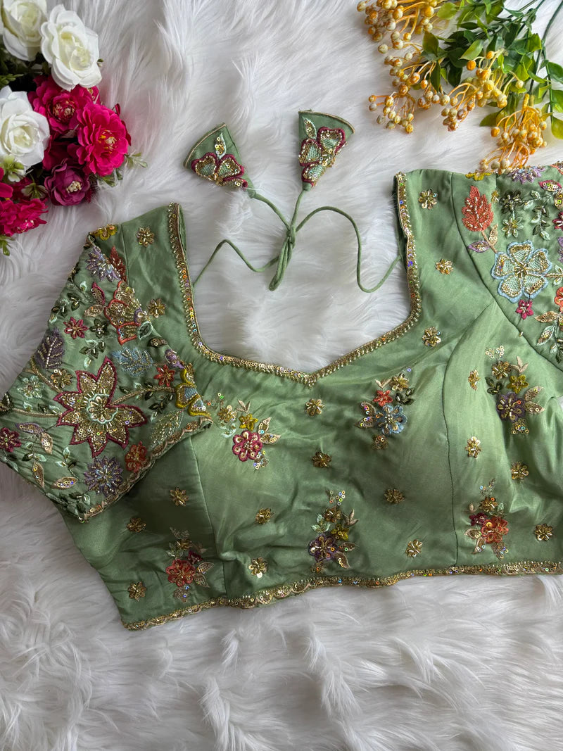 Pista Green Pure Silk Designer Blouse with Handwork & Sequins Sleeves for Women