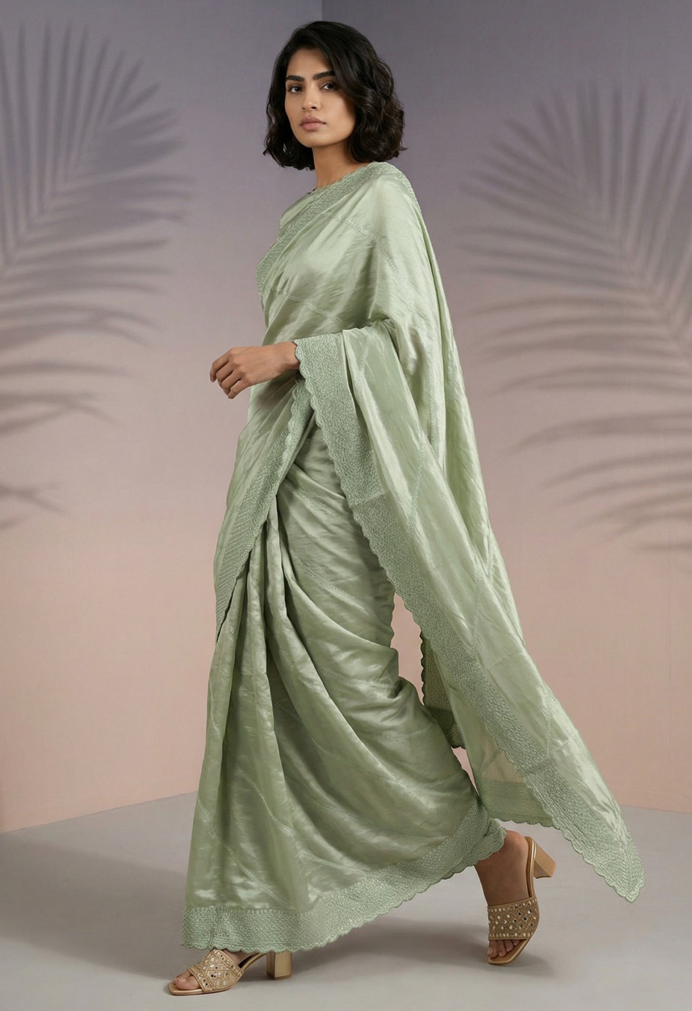 Pista Green Rasberry Silk Saree with Thread & Sequins Embroidery