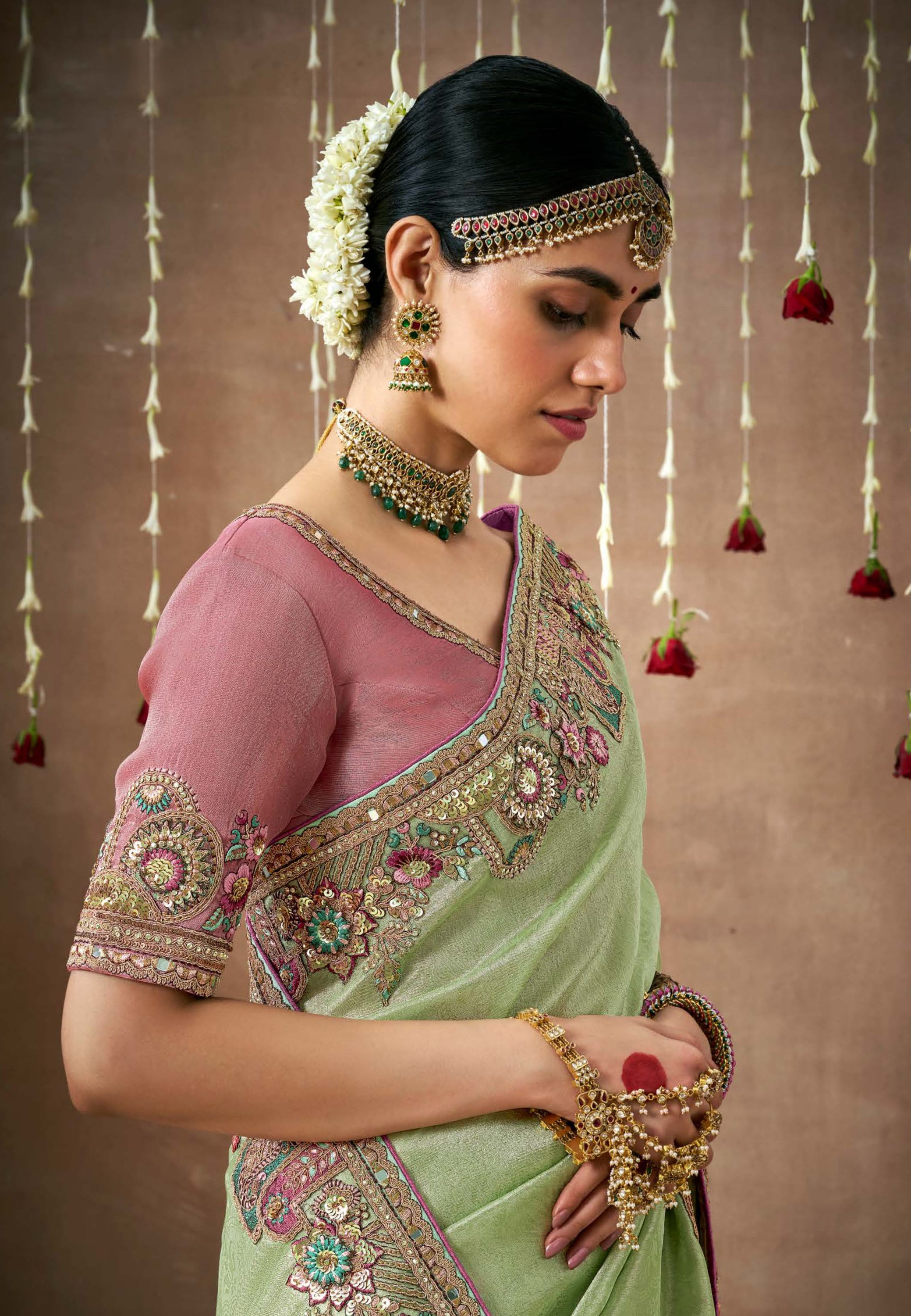 Pista Green Saree With Jacquard Woven With Heavy Thread Embroidery Sequins Work