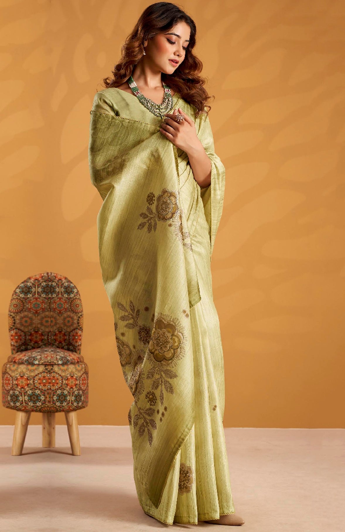 Pista Green Saree With  Printed With Kasheeda work