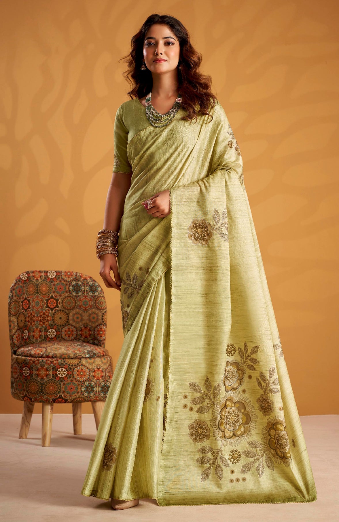 Pista Green Saree With  Printed With Kasheeda work