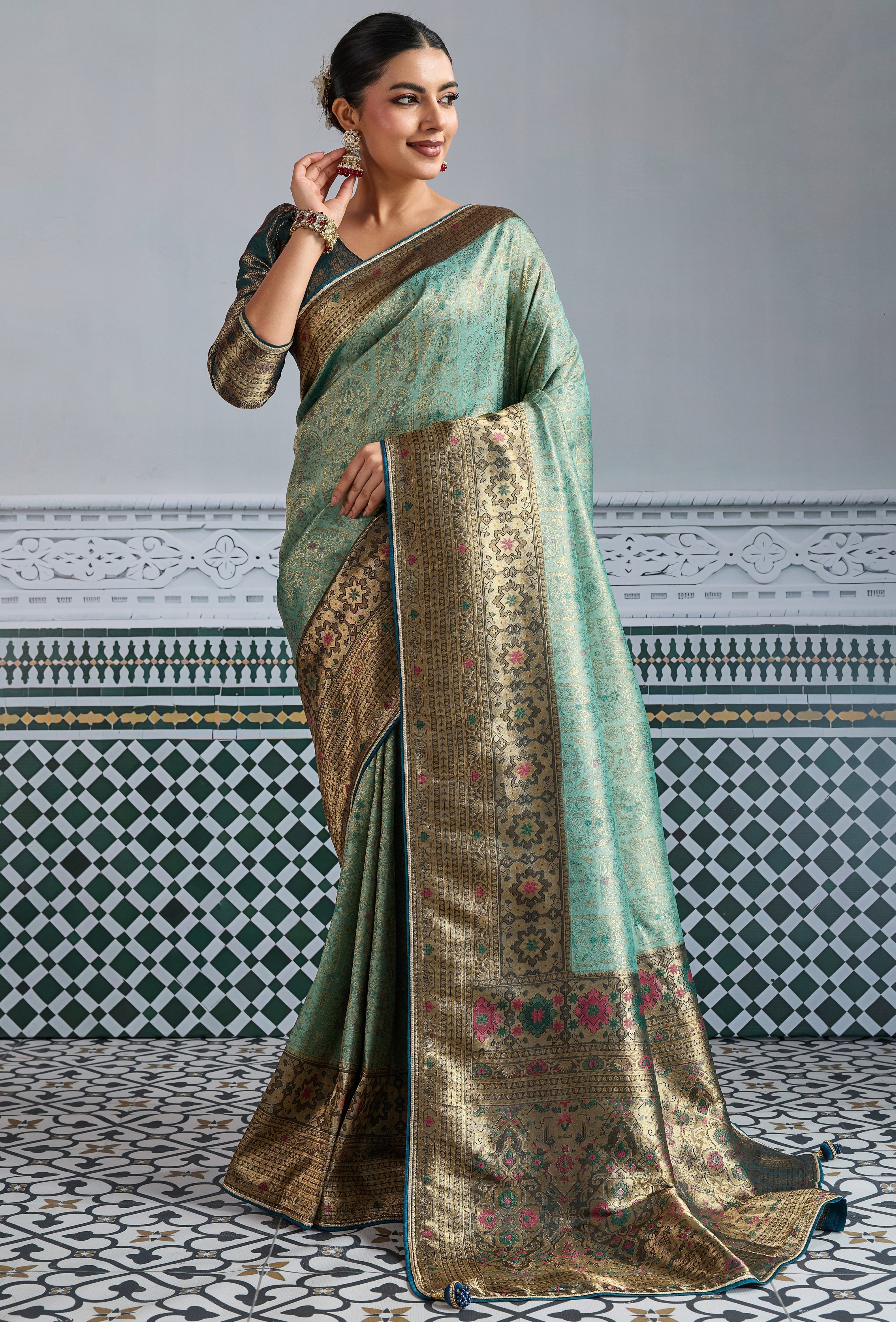 Pista Green Saree With  Zari Meenakari Woven all over the saree With Broad & Intricate Patta, Exquisite Grand Pallu