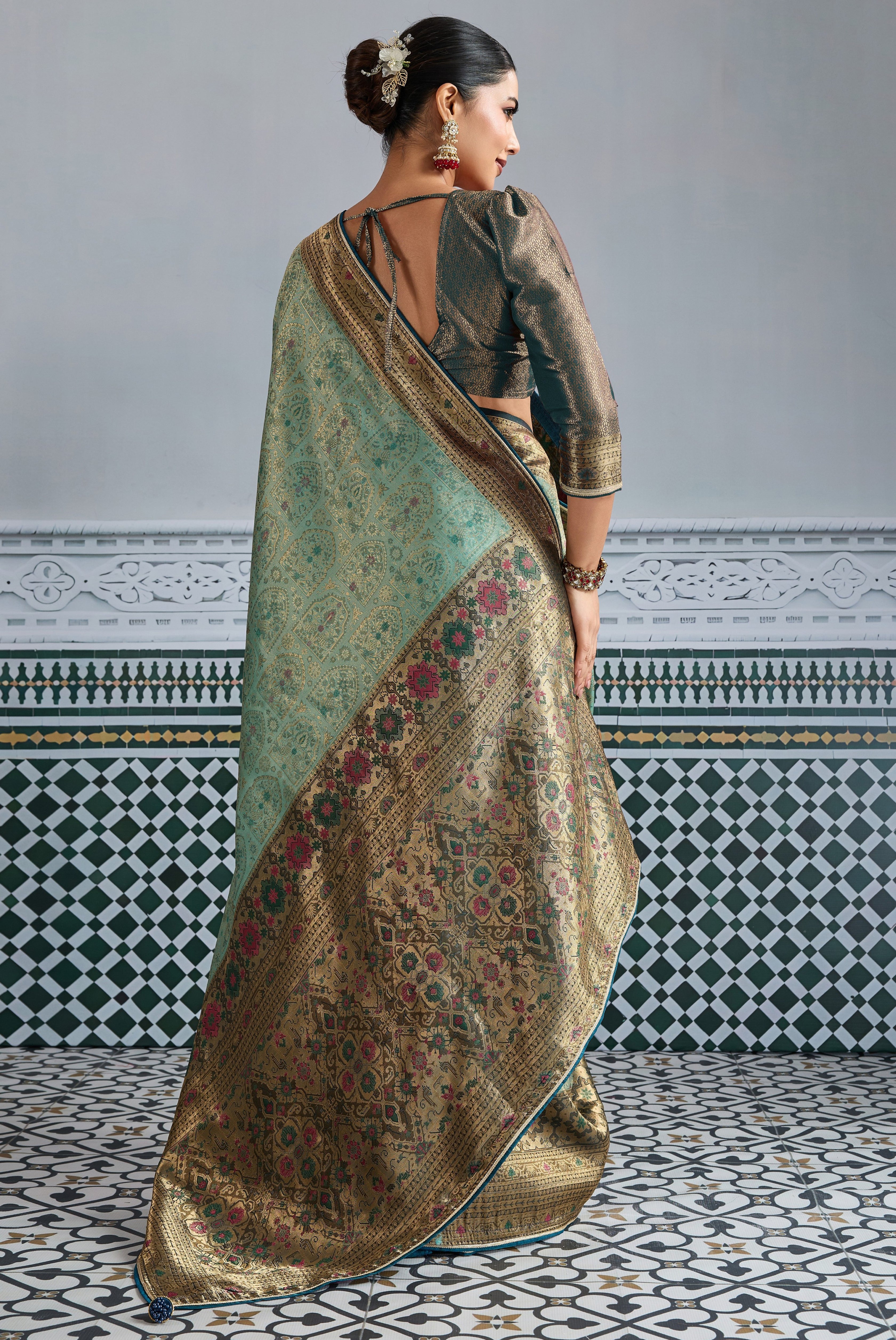 Pista Green Saree With  Zari Meenakari Woven all over the saree With Broad & Intricate Patta, Exquisite Grand Pallu
