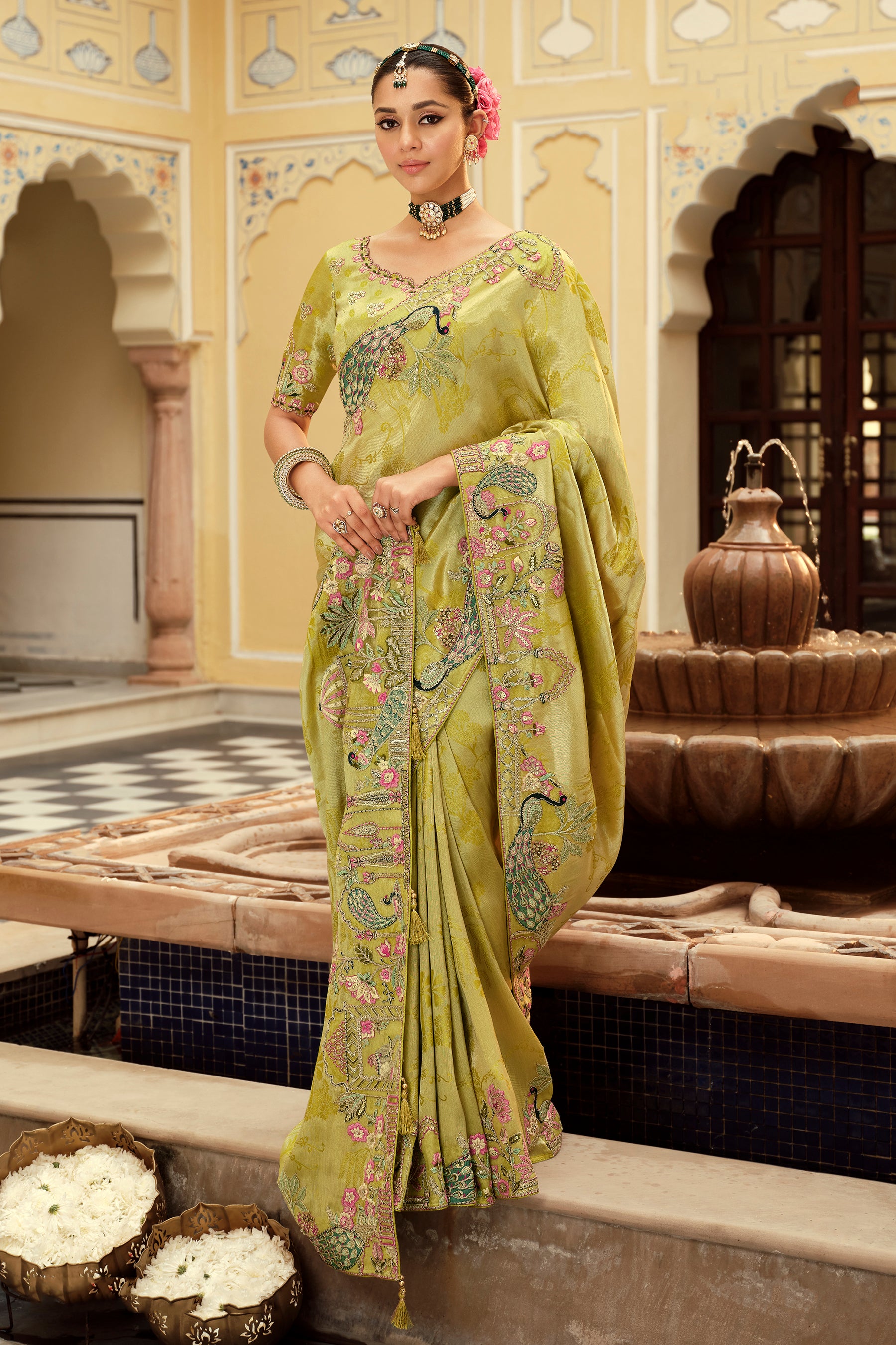 Pista Green Saree With  Zari weaving With Heavy Thread Embroidery With khatli work