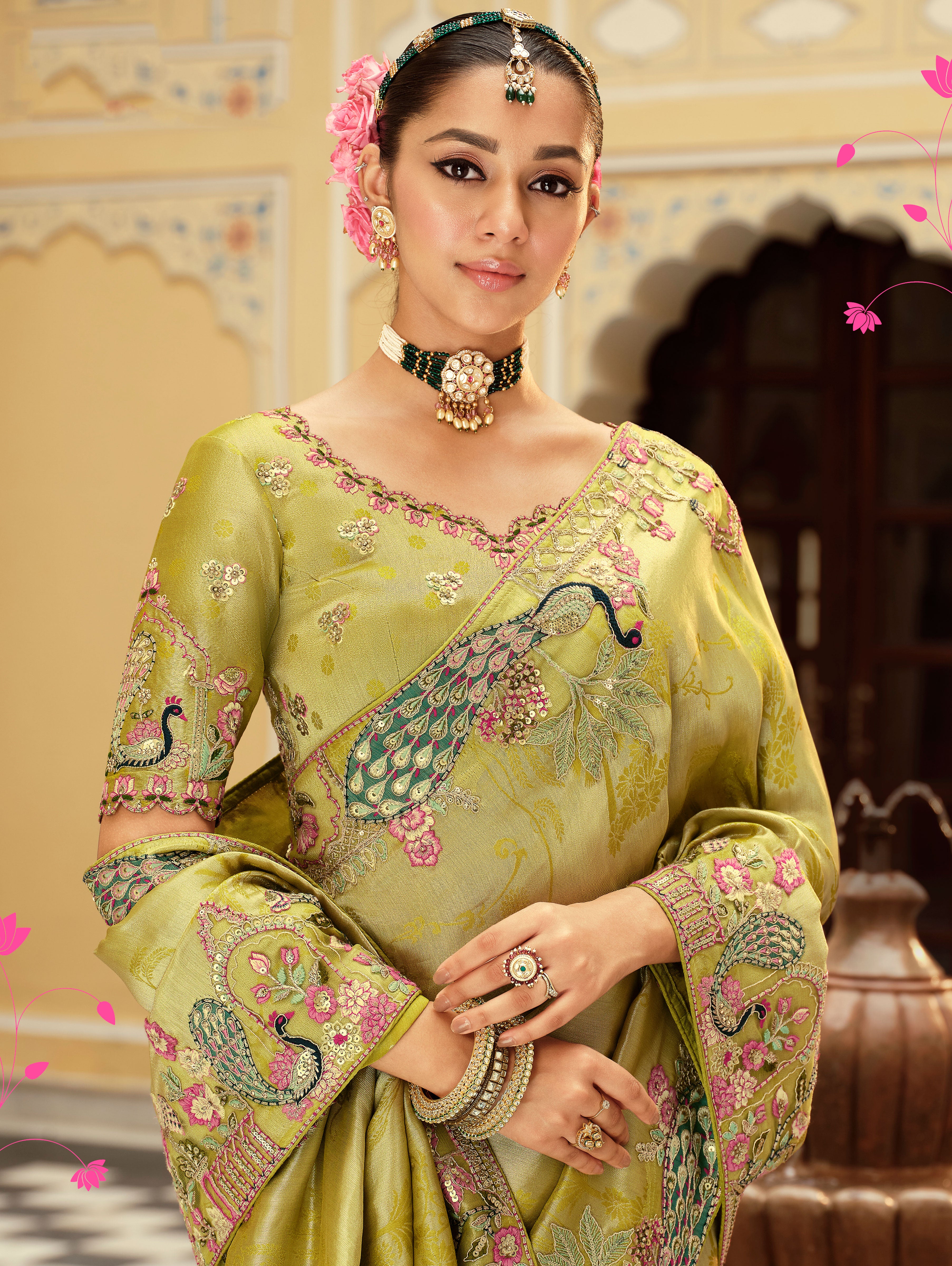 Pista Green Saree With  Zari weaving With Heavy Thread Embroidery With khatli work