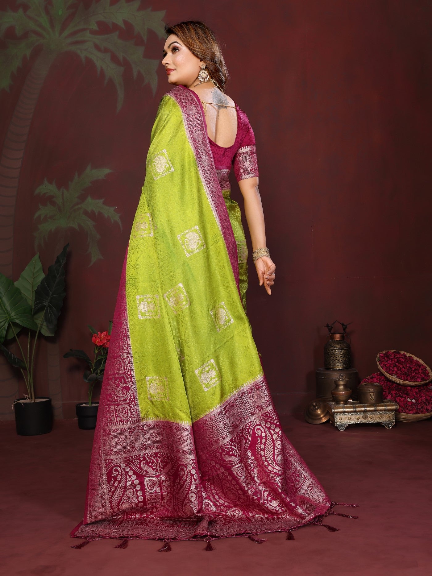 Pista Green Satin Silk Saree With Elegant Zari Butta Designs