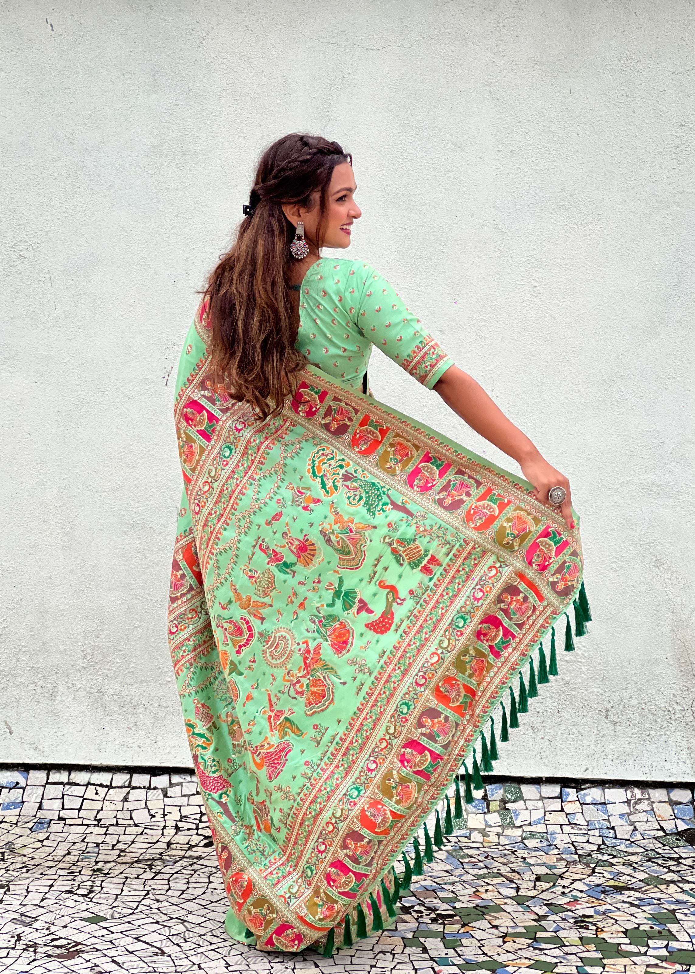 Pista Green Silk Blend Saree With Meenakari Kashmiri woven Work