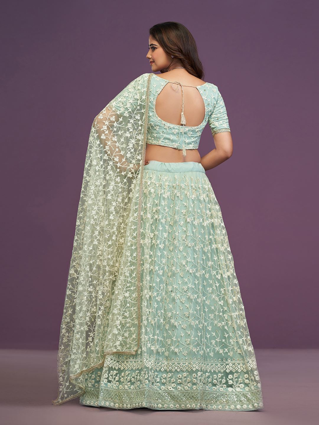 Pista Green Soft Net Thread Embroidery Work Lehenga Choli