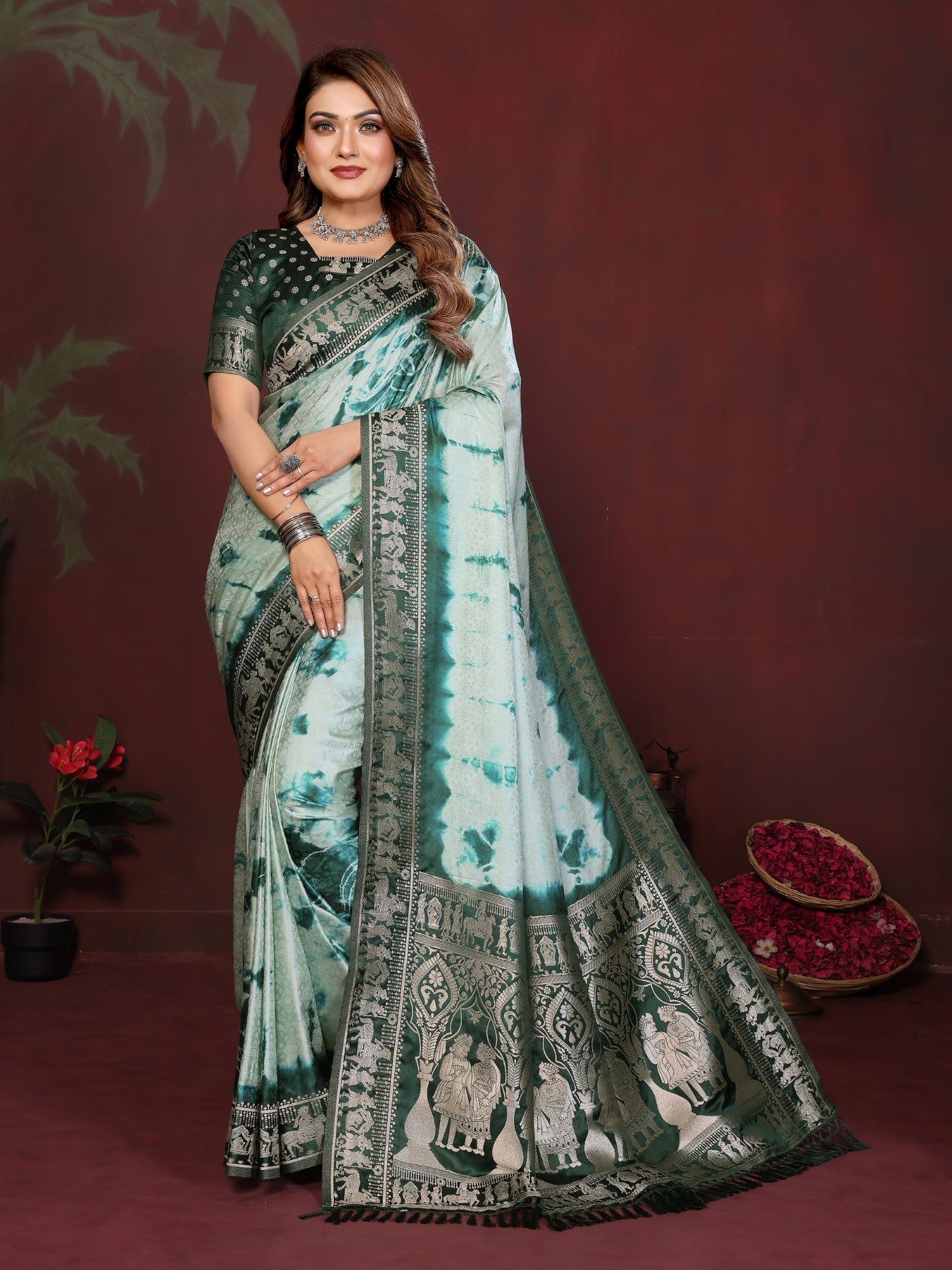 Pista Green Soft Satin Silk Saree With Classic Sibory Zari Weaving