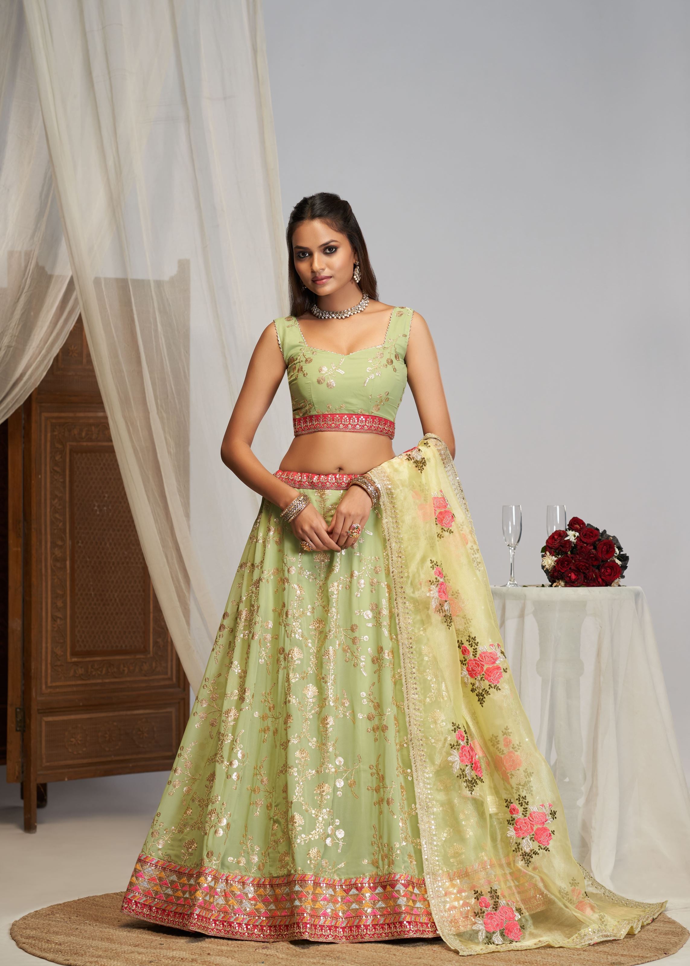 Pista Green Zari Thread Sequence Embroidery Work Lehenga Choli