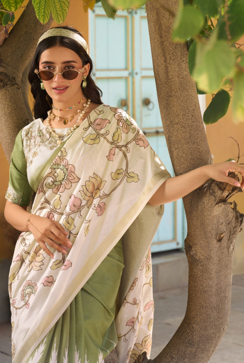 Pista Green & Cream Saree With  Print