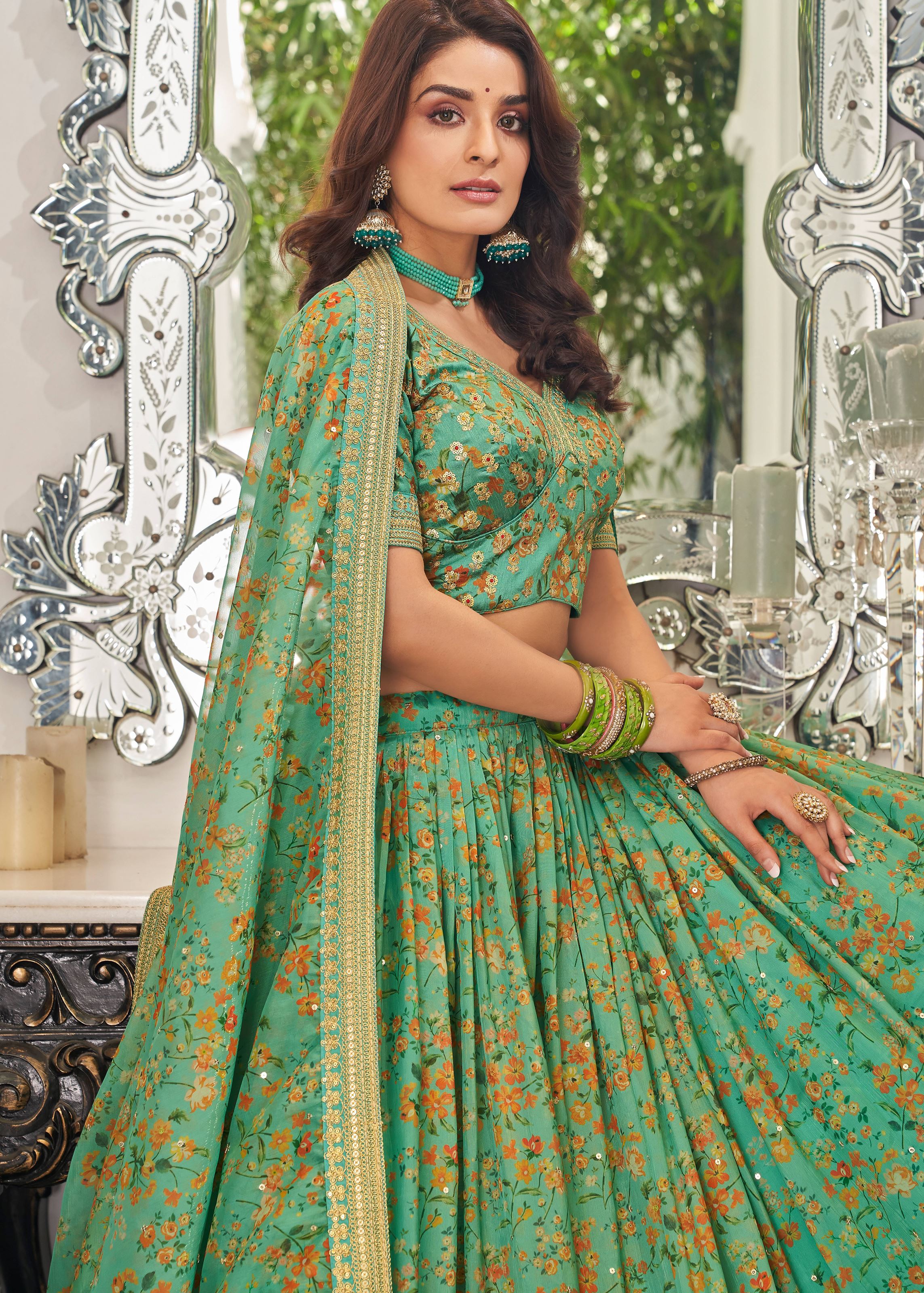 Pista Lehenga Choli With Thread, Zari, Dori And Sequins Embroidery Work