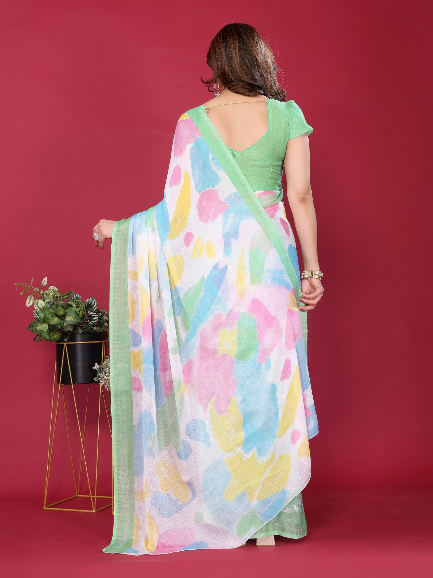 Pista Moss Chiffon Saree With Elegant Printed Design